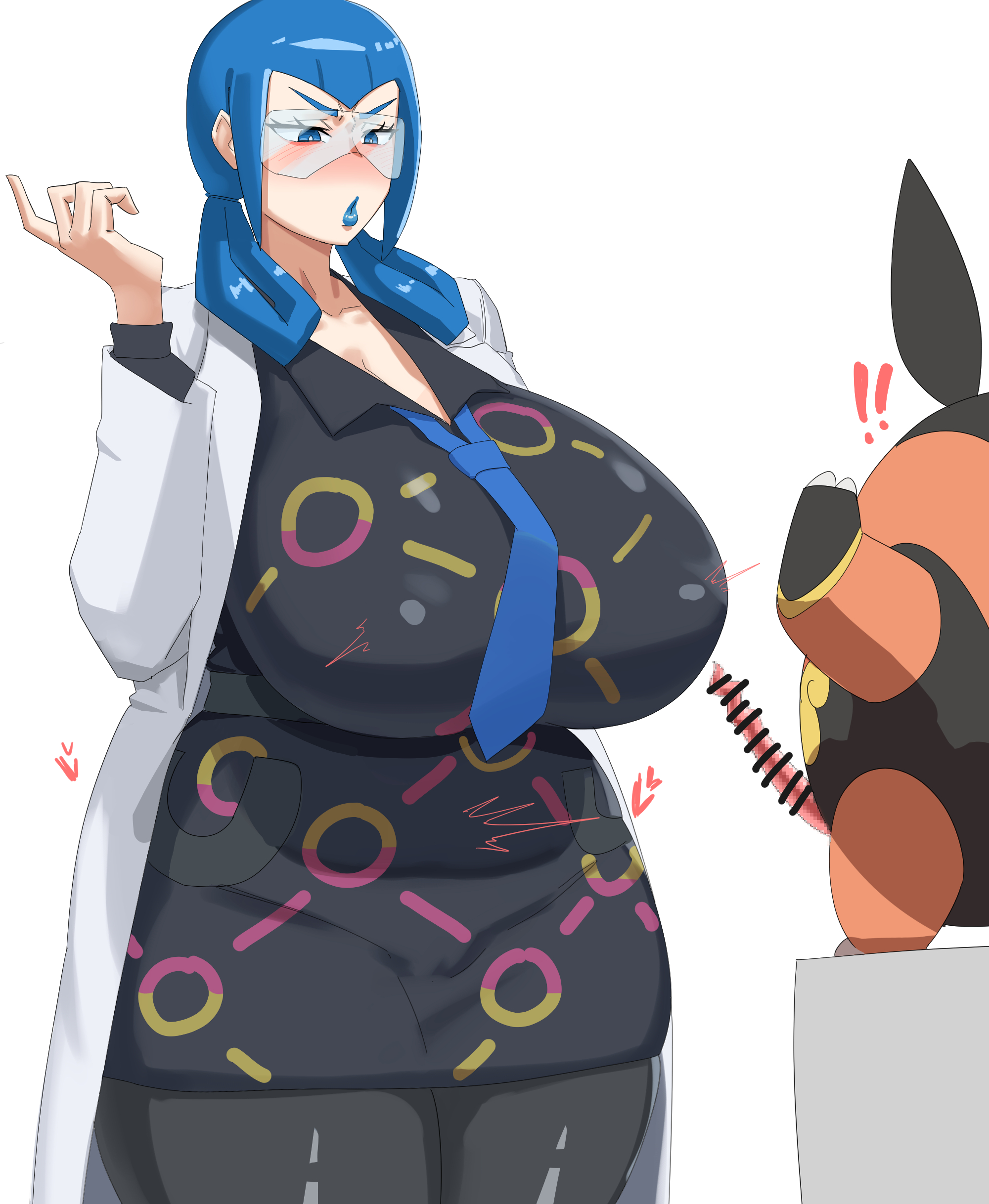 1boy, 1girls, 2025, 2d, alternate body type, alternate breast size, animal penis, aroused, aroused face, bar censor, black dress, blue eyes, blue hair, blue lipstick, blue necktie, blush, breasts, breasts bigger than head, censored, chaoboo, child bearing hips, cleavage, collarbone, creatures (company), curvaceous, curvy, curvy body, curvy female, curvy figure, dress, female, game freak, gen 5 pokemon, generation 5 pokemon, genitals, gigantic breasts, glasses, hair ornament, hi res, high resolution, highres, huge breasts, imminent sex, labcoat, light skin, light-skinned female, lipstick, looking at penis, mable (pokemon legends: z-a), mable (pokemon), makeup, male, mature female, momiji (pokemon legends: z-a), momiji (pokemon), monster, mosaic censoring, necktie, nintendo, pantyhose, penis, penis awe, pig penis, pignite, pokemon, pokemon (species), pokemon legends: z-a, pokephilia, porcine penis, rominas, sidelocks, simple background, standing, thick thighs, thighs, tight clothing, tinted eyewear, twitching, twitching nipples, twitching womb, visor, voluptuous, voluptuous female, white background, wide hips