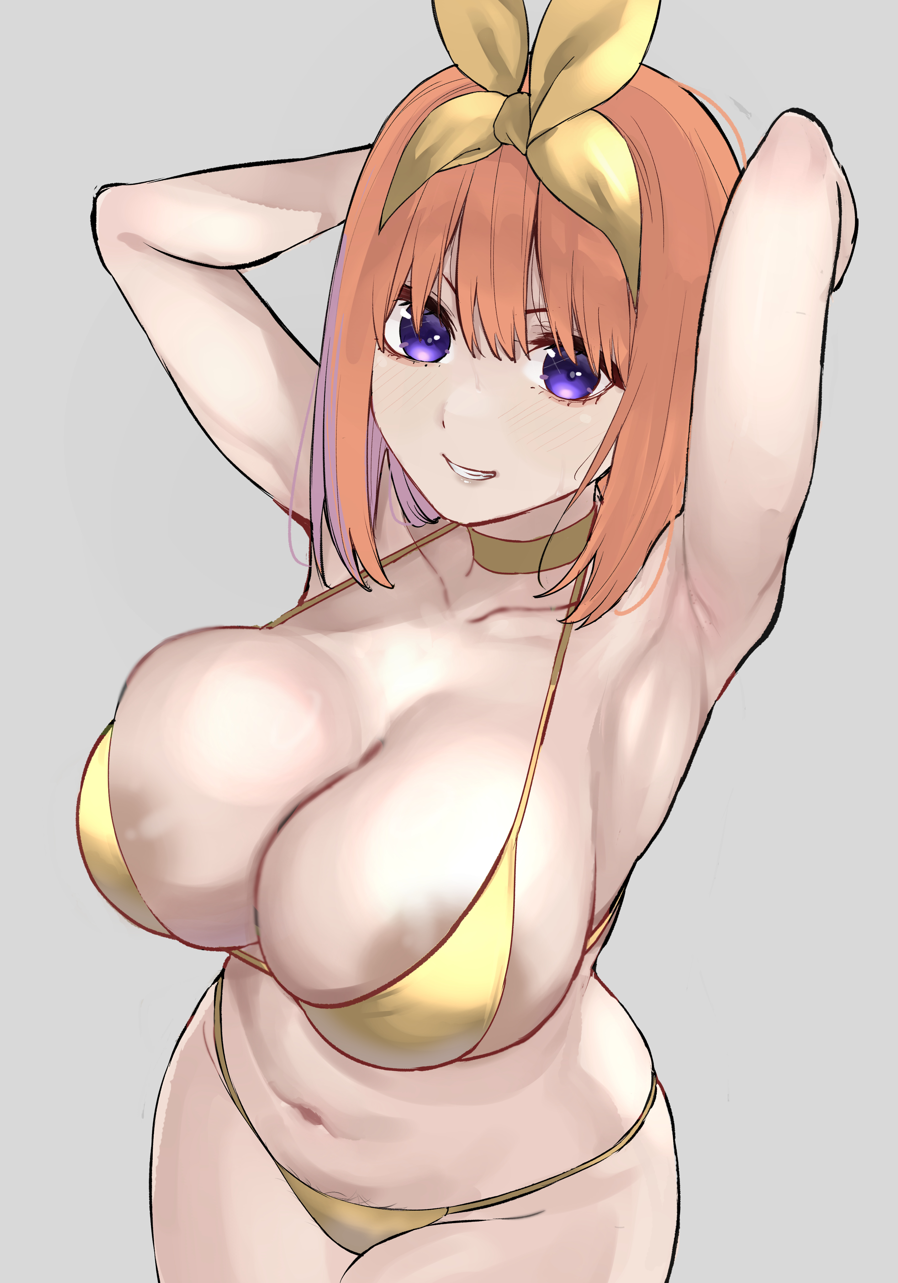areola slip, armpits, arms behind head, breasts, dark nipples, female, go-toubun no hanayome, gold bikini, grin, huge breasts, nakano yotsuba, navel, smile