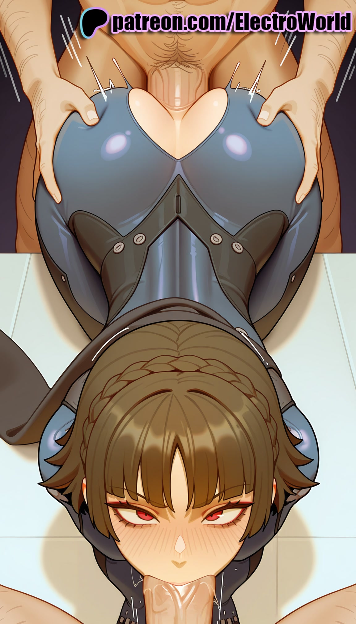 :>=, 1boy, 1girls, 2025, ai generated, artist name, ass grab, blowjob, blowjob face, blush, boobjob, braid, breastjob, breasts, brown hair, bust, chest, clothed female nude male, cock, dick, electroworld, fellatio, female, hi res, high quality, high resolution, highres, licking, makoto niijima, makoto niijima (queen), male pubic hair, mosaic censoring, nude, oral, oral sex, paizuri, patreon, patreon username, penis, persona, persona 5, phantom thief suit, pov, pubic hair, red eyes, short hair, solo focus, stable diffusion, straight, sucking, titjob, watermark