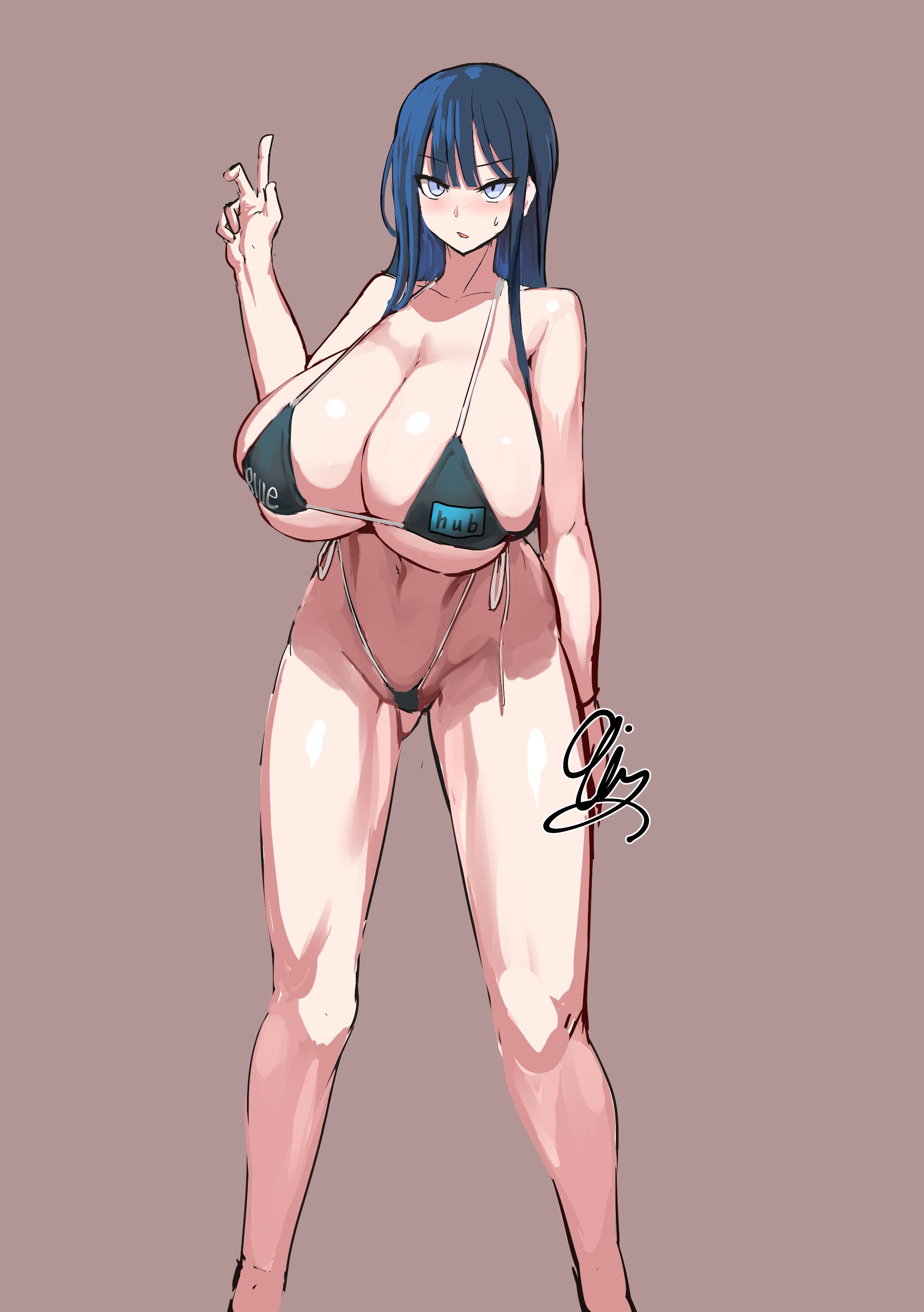 9is, arius satellite school student, arius squad (blue archive), bikini, blue archive, blue eyes, blue hair, breasts, confusion, female, huge breasts, peace sign, saori (blue archive)