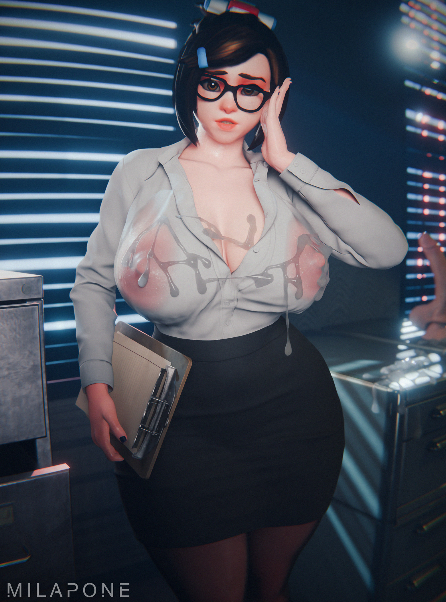 1girls, 2025, 3d, adjusting glasses, areolae, areolae visible through clothing, big breasts, big nipples, breasts, chubby, chubby female, cum, cum drip, cum on breasts, cum on clothes, cum on shirt, eyewear, female, female only, glasses, huge areolae, huge breasts, indoors, megane, mei (overwatch), mei-ling zhou, milapone, nipples, nipples visible through clothing, office, office lady, overwatch, overwatch 2, pencil skirt, shirt, shirt tucked in, shirt tucked in skirt, solo, stockings, translucent, translucent clothing