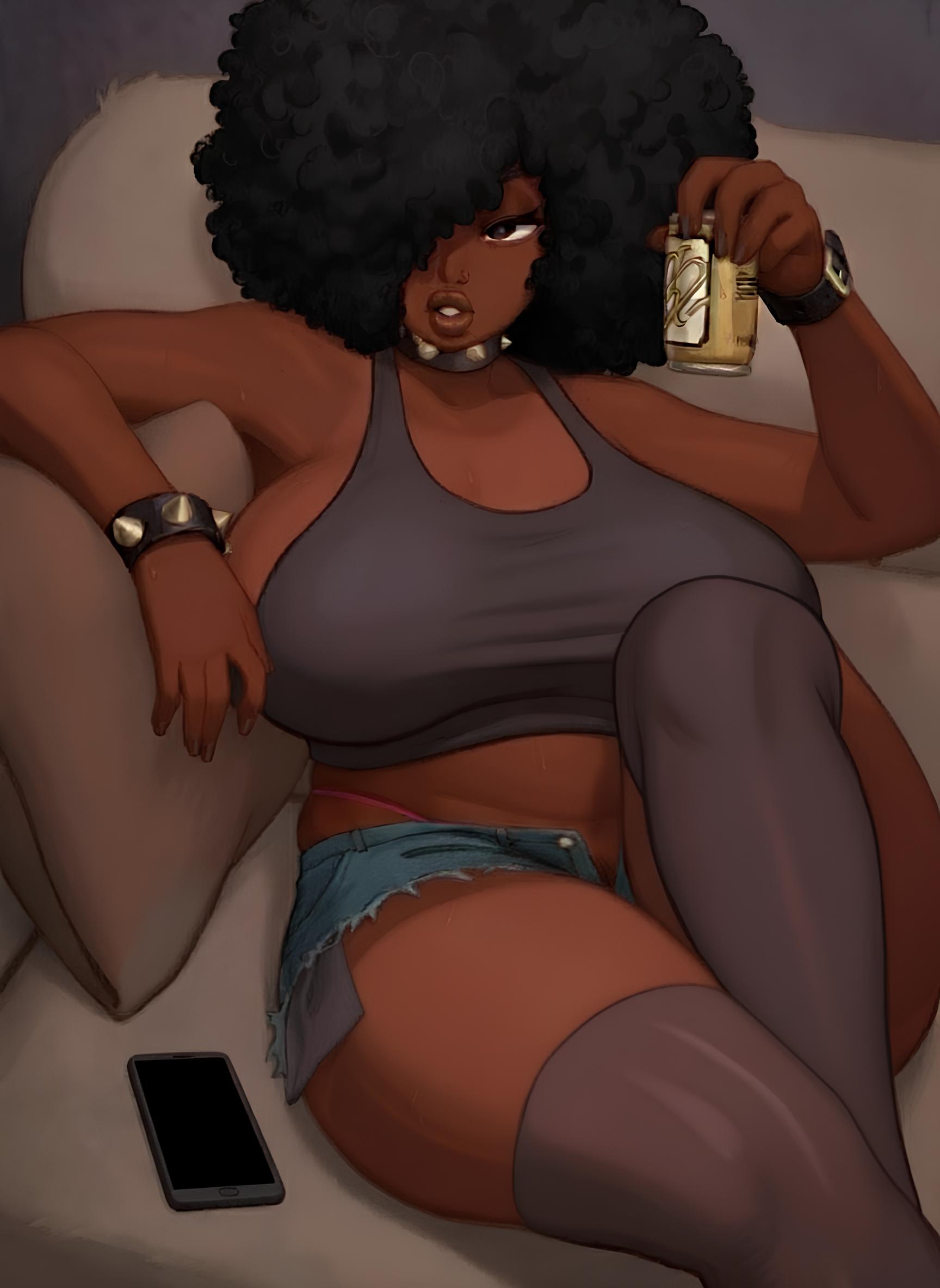 1girls, african female, afro, ai generated, big breasts, black hair, breasts, brown eyes, daisy dukes, dark skin, dark-skinned female, eye covered, female, female only, one eye covered, original, original character, sitting, sitting on chair, solo, solo female, spiked bracelet, spiked collar, tan body, thick, thick lips, thick thighs, thigh highs, thighhighs, thighs, whale tail