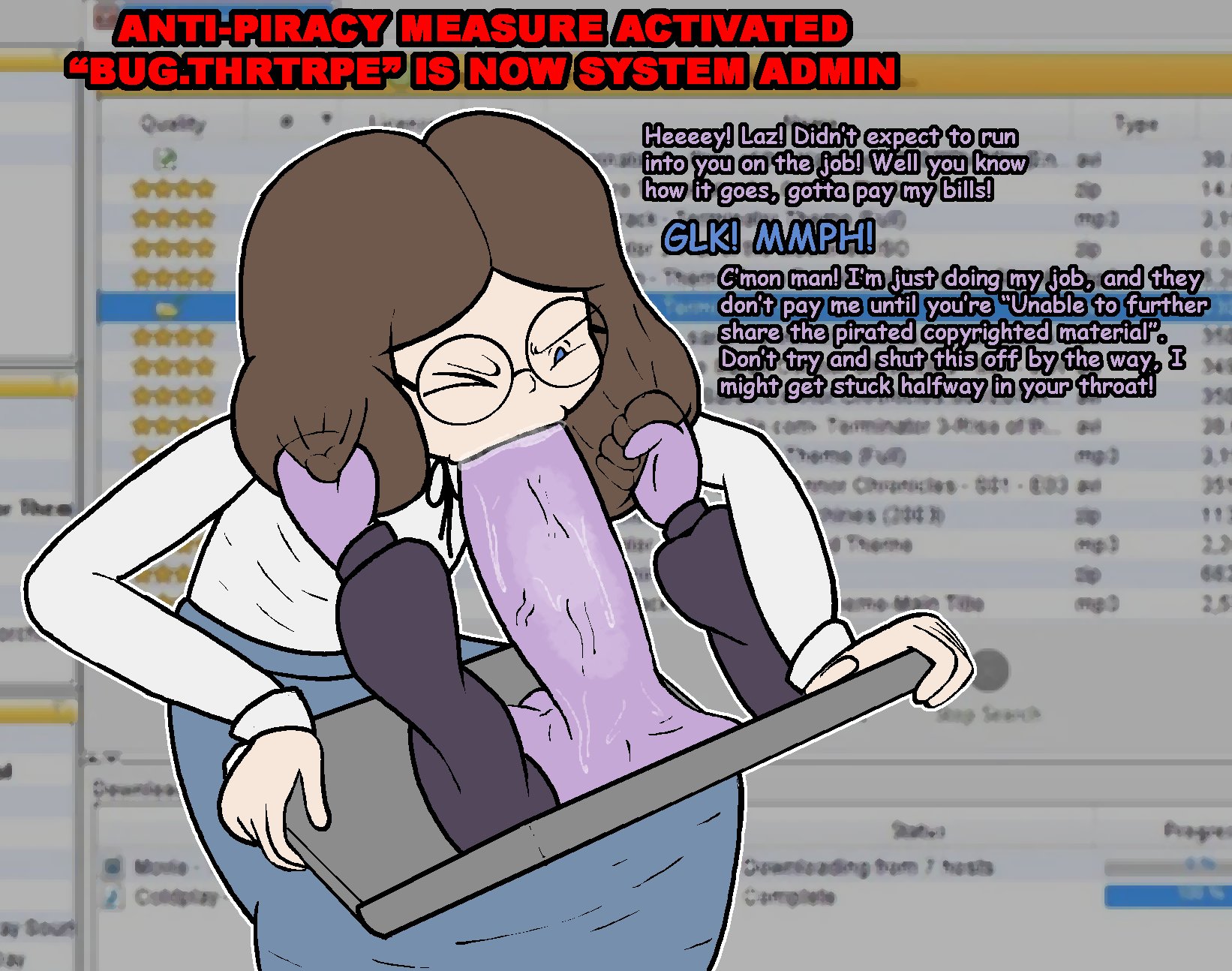 1girls, 2025, blowjob, blue eyes, brown hair, bug (royal cicada), bug (royalcicada), colored skin, colored text, complex background, crime, disembodied limb, disembodied penis, face fucking, facefuck, fan art, fanart, fellatio, felony, female, glasses, huge penis, laptop, laptop computer, laz (lazzyrats), male, nonbinary, nonbinary (lore), nonconsensual, oral, oral sex, penis, piracy, purple body, purple penis, purple skin, royal cicada, royalcicada, tagme, text, through screen
