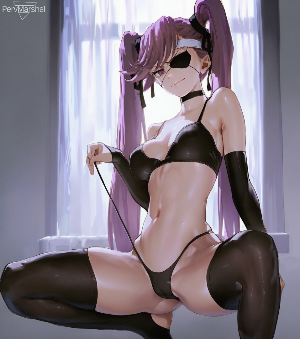 ai generated, bleach, bleach: the thousand-year blood war, breasts, choker, elbow gloves, eyepatch, female, female only, kneeling, marshalperv, pervmarshal, purple hair, saitou furoufushi, shiny skin, small breasts, solo female, thighhighs, twintails, underwear