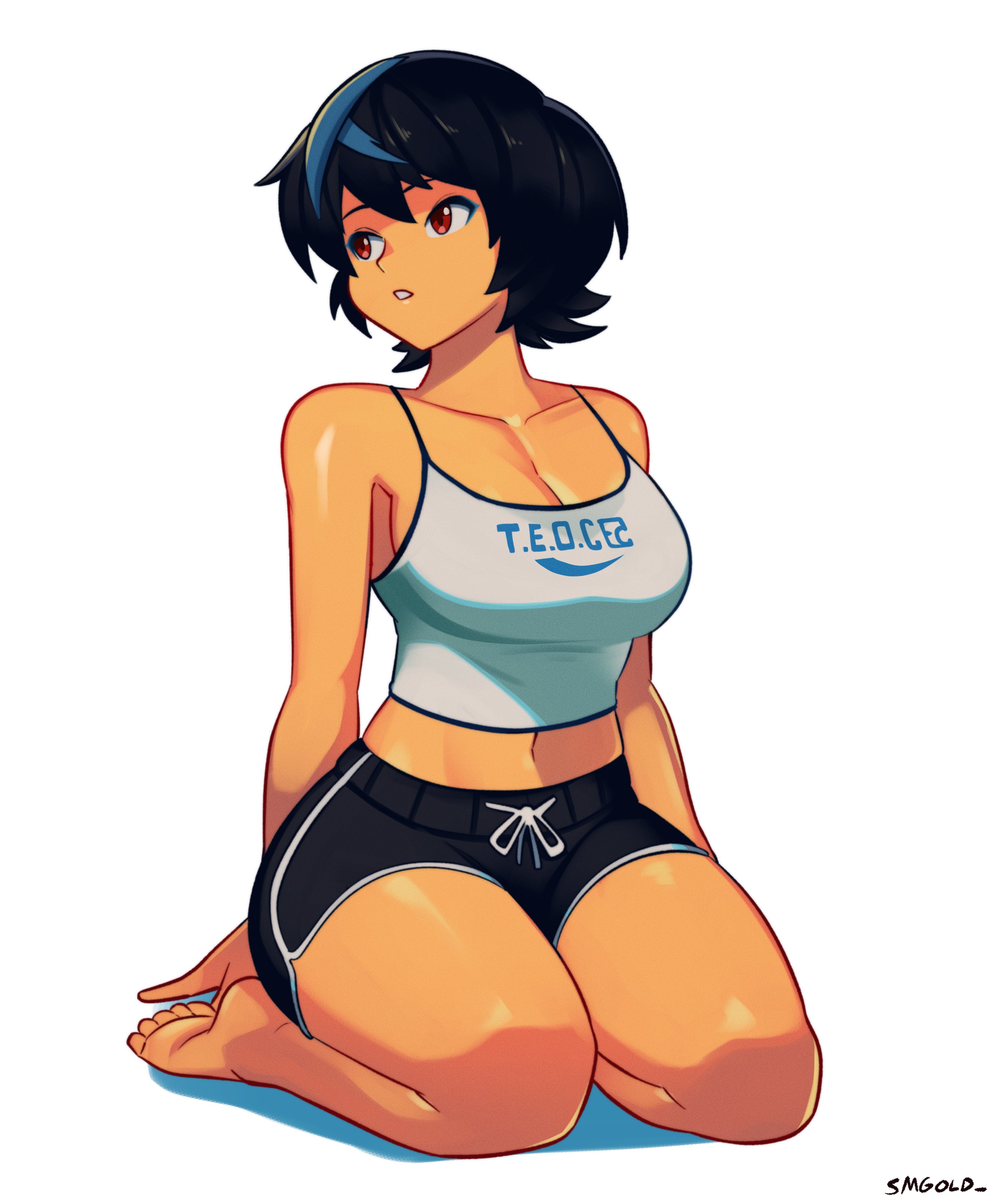 absurdres, bare legs, barefoot, black hair, blue streaks, borrowed design, breasts, cleavage, crop top, dolphin shorts, female, guilty gear, guilty gear strive, highres, looking to the side, multicolored hair, red eyes, seiza, short hair, short shorts, shorts, sitting, smgold, solo, streaked hair, unika (guilty gear)