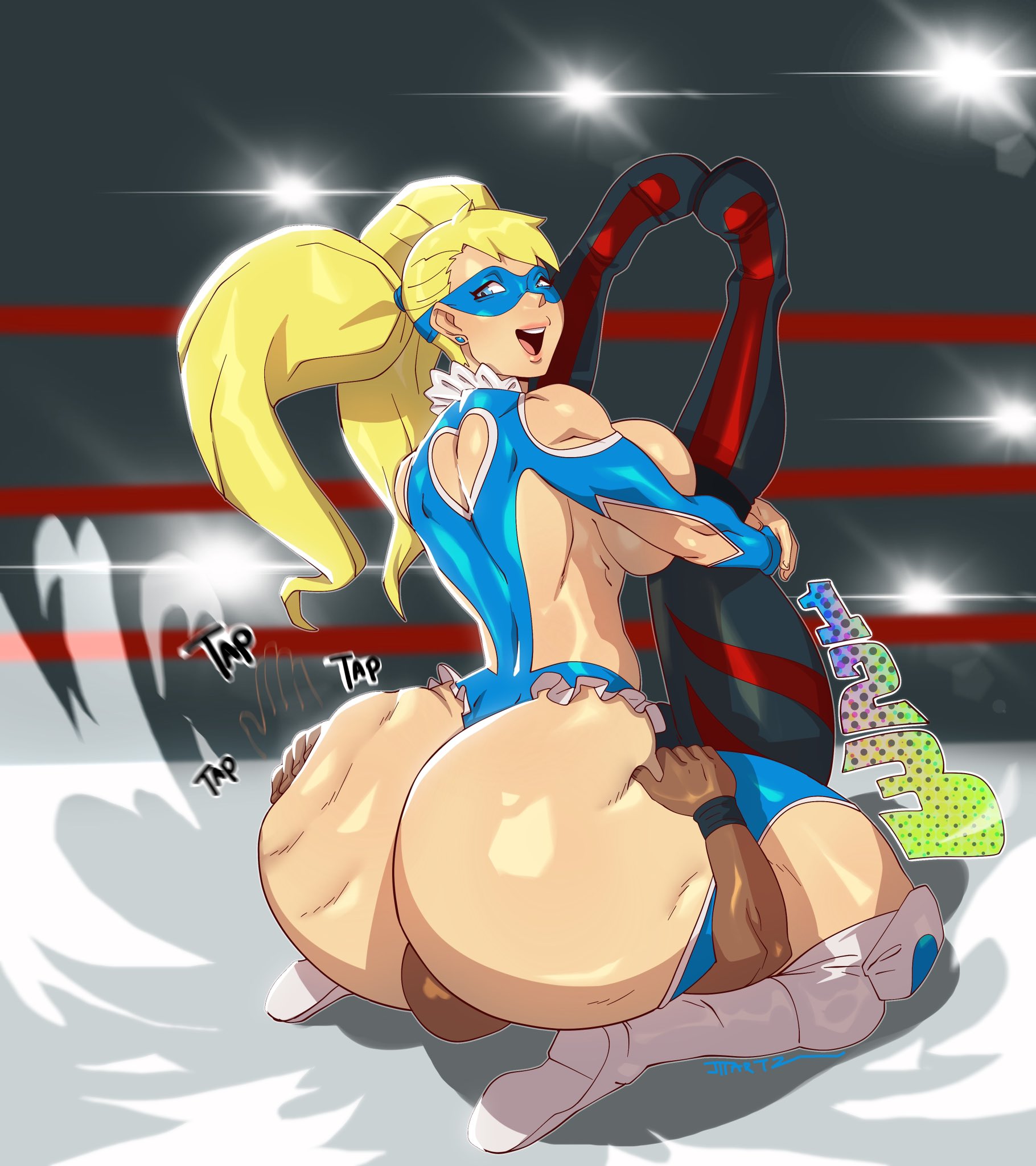 1boy, 1girls, 2020s, 2025, 2025s, blonde hair, bubble ass, bubble butt, capcom, cling, duplicate, facesitting, fair-skinned female, female, huge ass, jpeg, jtt artz, light skin, light-skinned female, male, rainbow mika, rippling ass, rippling butt, round ass, round butt, shiny clothes, shiny skin, street fighter, tapping out, twitter link, wrestler, wrestling, wrestling femdom, wrestling mask, wrestling outfit, wrestling ring
