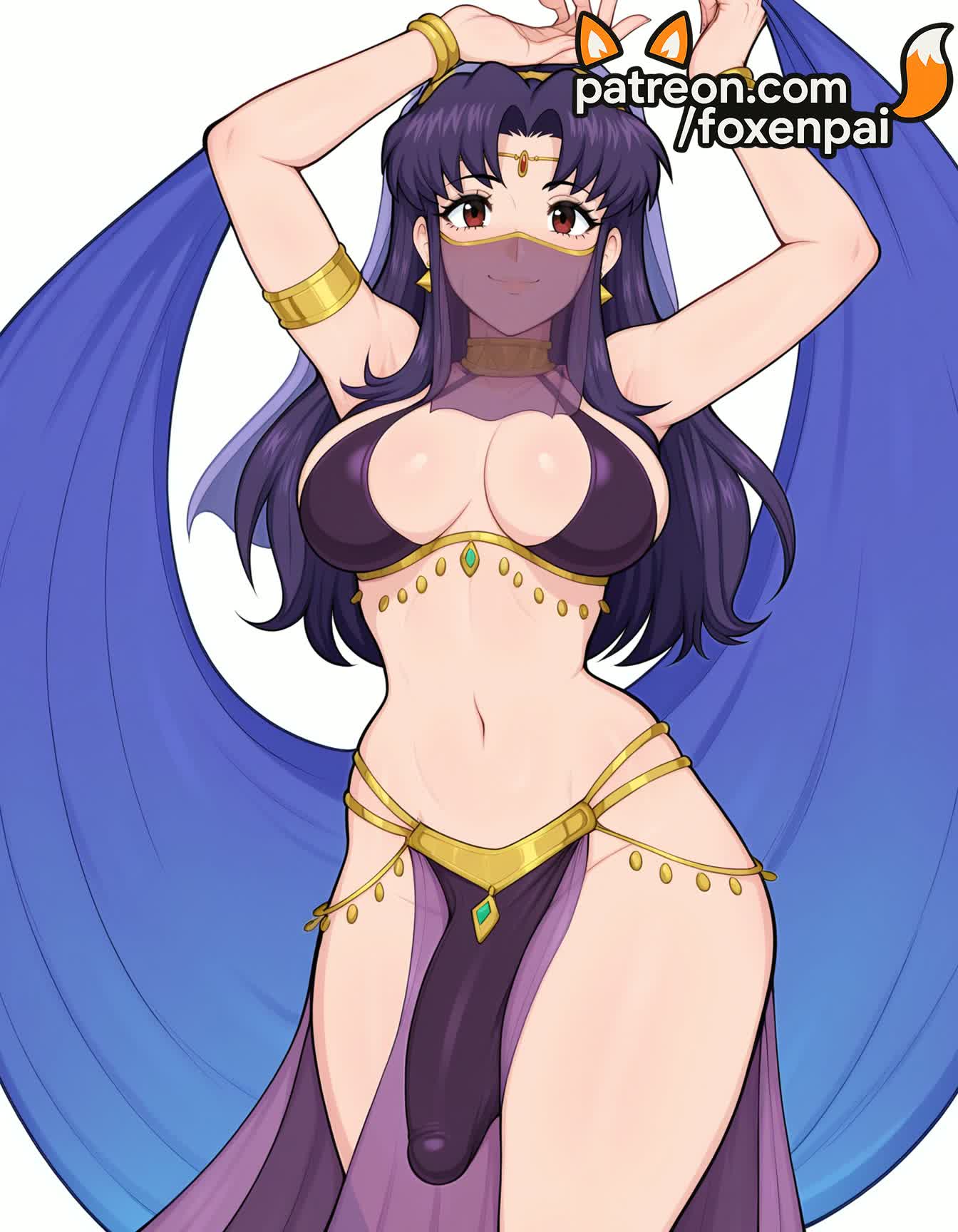 1futa, 2025, ai generated, artist name, breasts, bust, chest, earrings, foxenpai, futanari, hi res, high quality, high resolution, highres, intersex, jewelry, long hair, misato katsuragi, navel, neon genesis evangelion, patreon, patreon username, pelvic curtain, red eyes, smile, solo, stable diffusion, thighs, watermark