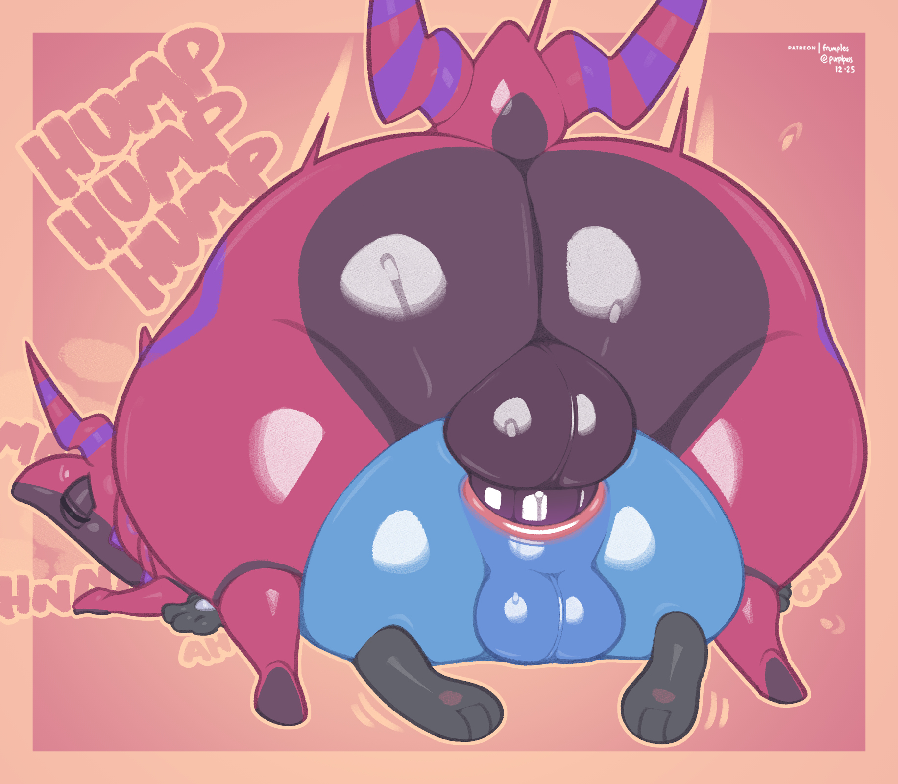 2 horns, 2025, 2026, 3 toes, 4 fingers, anal, anal fluids, anal sex, anthro, anthro on anthro, anthro penetrated, anthro penetrating, anthro penetrating anthro, anthrofied, anus, arthropod, artist name, ass, backsack, balls, big balls, big butt, big dom small sub, black balls, black body, black eyelids, black markings, black penis, black perineum, black skin, blue balls, blue body, blue skin, bodily fluids, border, butt size difference, canid, canine, canis, closed eyes, colored, curvy figure, darkened balls, darkened genitalia, darkened penis, dated, digital drawing (artwork), digital media (artwork), dominant, duo, english text, erection, excited, eyelashes, facial markings, feet, femboy, fingers, from behind position, frumples, fur, generation 4 pokemon, generation 5 pokemon, genital raphe, genitals, glistening, glistening anus, glistening balls, glistening body, glistening butt, glistening eyes, glistening genitalia, glistening legs, glistening perineum, glistening skin, glistening thighs, gloves (marking), hand spike, head markings, hi res, horn, huge butt, huge thighs, humanoid genitalia, humanoid hands, humanoid penis, insects, larger anthro, larger male, looking pleasured, lucario, male, male penetrated, male penetrating, male penetrating male, male/male, mammal, markings, mouthless, multicolored body, multicolored skin, nintendo, nude, onomatopoeia, open mouth, open smile, outline, penetration, penile, penile penetration, penis, penis in ass, perching position, perineum, pink tongue, pokemon, pokemon (species), pokemorph, purple background, purple markings, purple penis, raphe (anatomy), rear view, red tail, scolipede, scrotal raphe, sex, shaded, shaft divide, side view, signature, simple background, sitting on another, size difference, small tail, smaller anthro, smaller male, smile, snout, solo focus, sound effects, spikes, spikes (anatomy), sweat, sweaty balls, sweaty butt, sweaty genitalia, tail, tan body, tan border, tan fur, tan outline, text, thick thighs, toes, tongue, two tone body, two tone skin, two tone tail, wide hips