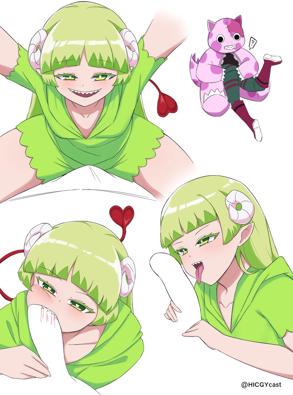 artist request, biting, biting dick, biting penis, blood, blood drip, blowjob, breasts, clothed, clothed female, demon, demon girl, demon horns, demon tail, fellatio, female, female focus, green eyes, green hair, horned female, horns, mairimashita! iruma-kun, male, mounting, one piece suit, penis, petite, petite body, petite female, pointed ears, sharp teeth, sillouette, small breasts, smirk, smirking, spread legs, tail, thick thighs, thighs, tongue, tongue out, valac clara