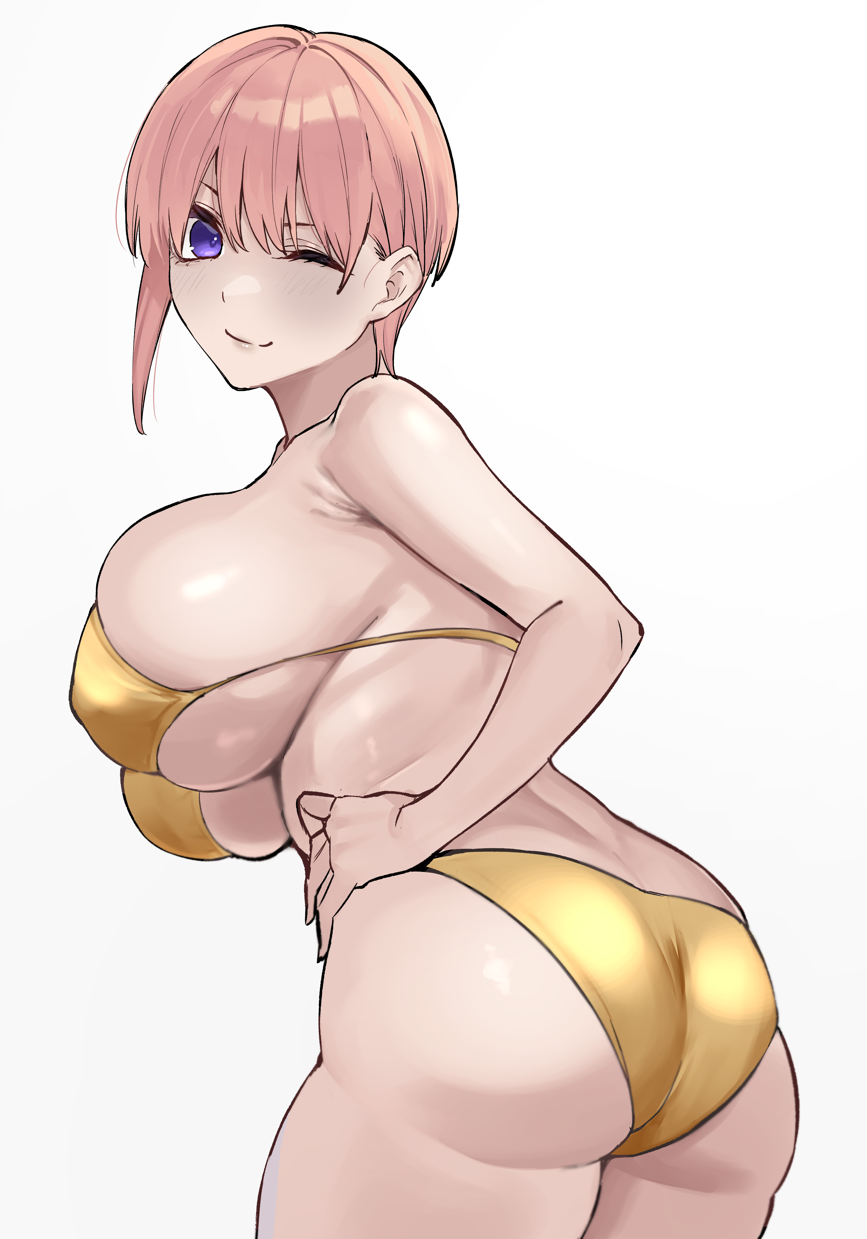 ass, bikini, blush, breasts, female, go-toubun no hanayome, gold bikini, hands on hips, huge ass, huge breasts, nakano ichika, one eye closed, smile, solo, swimsuit