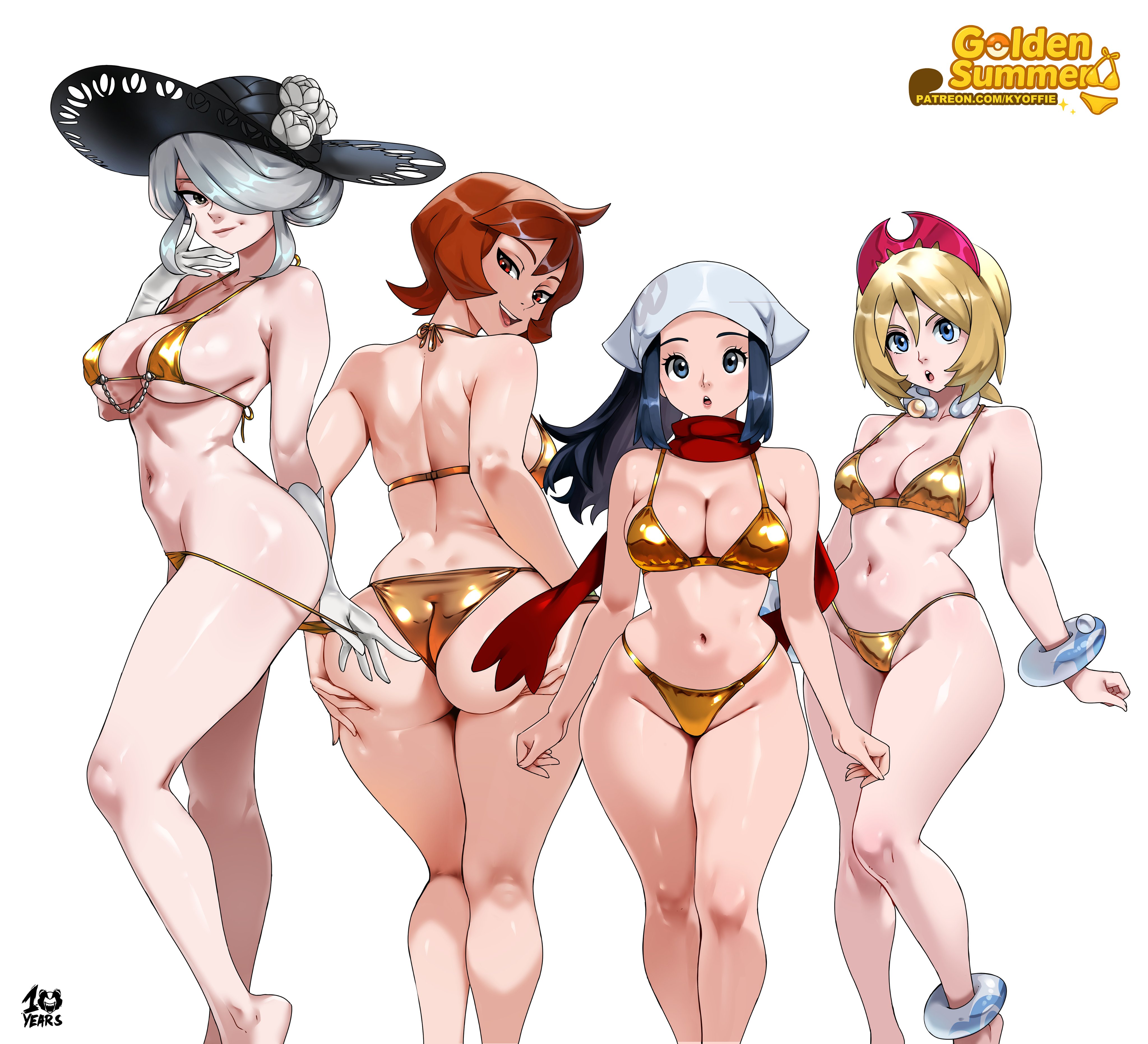 2025, 4girls, akari (pokemon), arezu (pokemon), armwear, ass, big ass, big breasts, blonde hair, blonde-haired female, blue eyes, blue hair, blue-haired female, breasts, cogita (pokemon), elderly female, female, female only, game freak, gilf, gloves, gold bikini, grey eyes, grey hair, groping, groping ass, hat, irida (pokemon), kyoffie, light skin, light-skinned female, nintendo, pale skin, pale-skinned female, patreon, pokemon, pokemon legends: arceus, red eyes, red hair, red-haired female, swimwear, tagme, thick thighs, watermark, white background, white hair, white-haired female