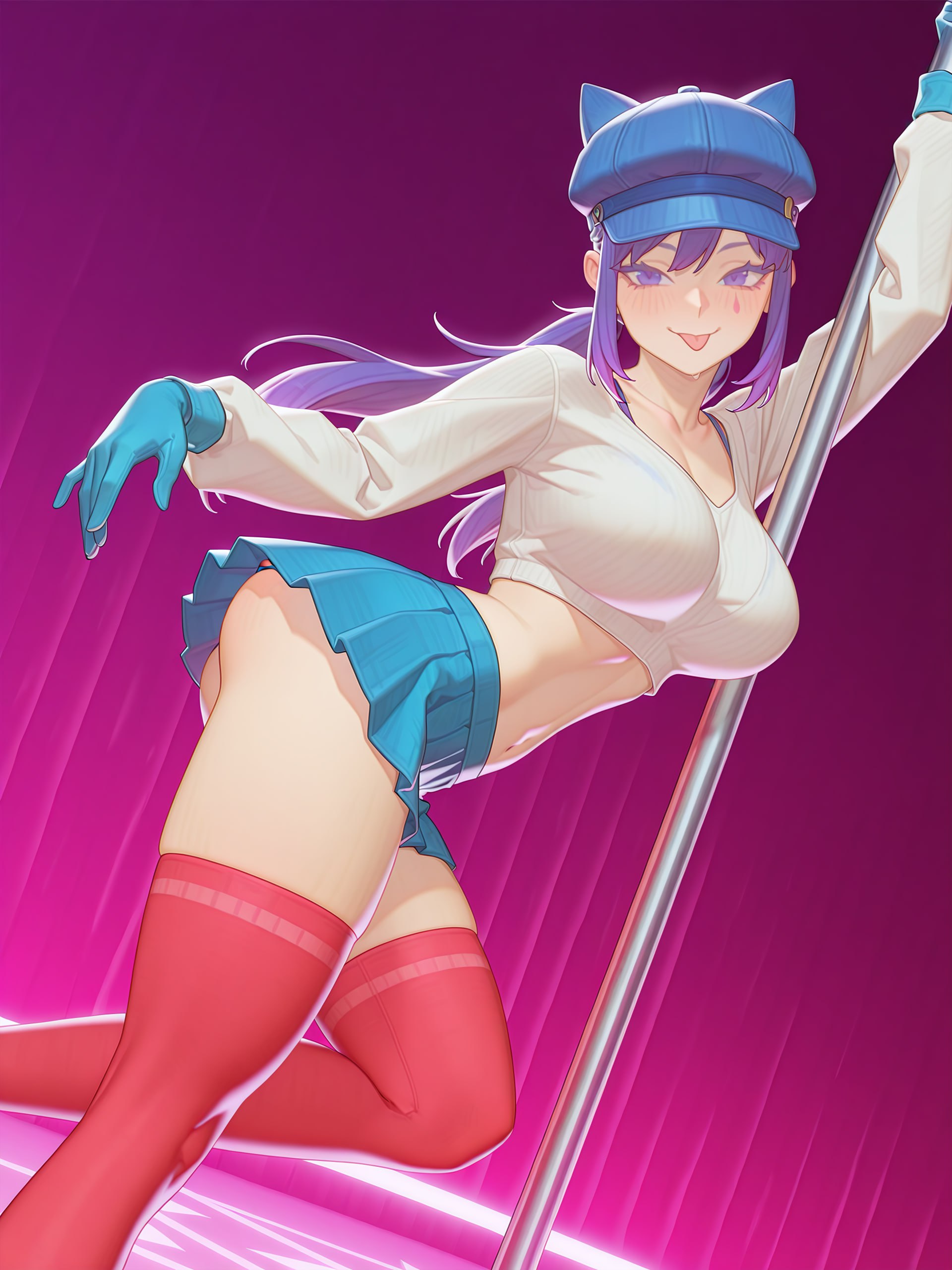 1girls, ai generated, beautiful, cappie (miside), dance, exotic dancer, female, miside, mita (miside), nightclub, pole, pole dancer, pole dancing, prinn, red stockings, strip club, stripper, stripper clothes, stripper pole, stripping, striptease