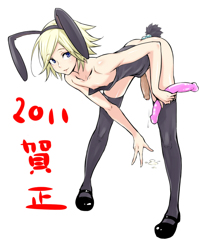 1boy 2011 anal_insertion androgynous animal_ear bent_over blonde_hair blue_eyes bunny_ear bunny_tail bunnyboy butt_plug_tail buttplug cum dildo double_dildo down_blouse male male_only mary_janes nipple nipple_slip nipples penis shoes smile solo tail thighhighs trap uncensored utsuke