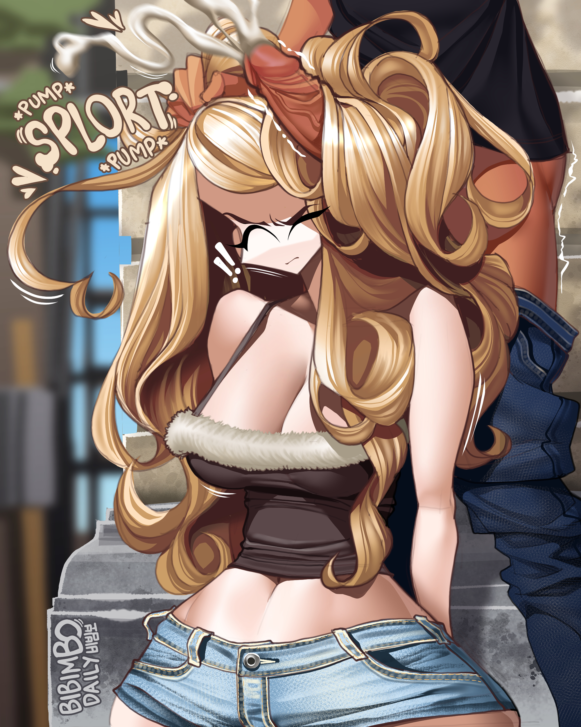 1boy, 1girls, anger vein, annoyed, annoyed expression, artist name, bibimbodaily, blue eyes, bottomless, bottomless male, breasts, cleavage, cum, english text, female, hair grab, hair grabbing, hairjob, humping, humping hair, jean shorts, large breasts, light brown hair, long hair, male, onomatopoeia, original, original character, penis, pulling hair, speech bubble, tony (bibimbodaily), very long hair