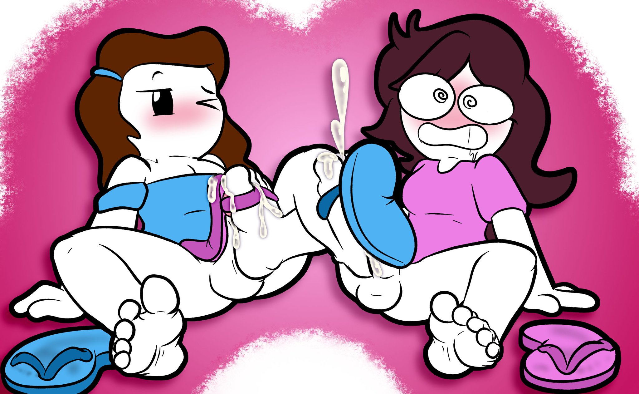 2futas, baggy (artist), blush, cum, cumming, cumming together, foot fetish, foot play, footjob, footjob between foot and footwear, footwear, futa, futa on futa, futanari, intersex, jaiden, jaiden animations, jaiden dittfach, let me explain studios, rebecca parham, sandaljob, sandals, sandals removed, tagme