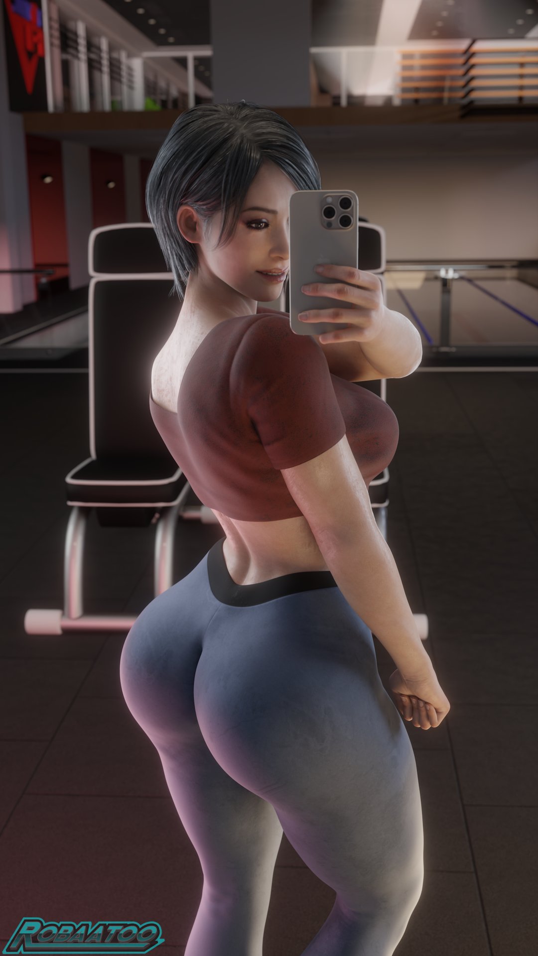 1girls, 3d, 3d (artwork), ada wong, artist logo, black eyeliner, black eyeshadow, black hair, bob cut, bottom heavy, breasts, bubble butt, capcom, child bearing hips, clothed female, clothing, crop top, curvaceous, curvaceous female, curvy female, curvy hips, eyeliner, eyeshadow, female, female focus, female only, fit, fit female, hourglass figure, huge ass, huge breasts, iphone, large ass, large breasts, leggings, light skin, light-skinned female, looking back, makeup, pale skin, pale-skinned female, resident evil, robaatoo, short hair, skin tight, skindentation, smartphone, solo, solo female, solo focus, standing, taking picture, thick thighs, tight clothes, tight clothing, tight fit, toned, toned body, toned female, toned stomach, top heavy, video game, video game character, video game franchise, watermark, wide hips, yoga pants