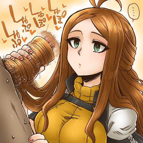 ..., 1girls, ahoge, artist request, big breasts, breasts, character request, clothed female nude male, dark skin, dark-skinned male, female, green eyes, hairjob, handjob, japanese text, long hair, male, nail polish, onomatopoeia, penis, pubic hair, red nails, source request, speech bubble, tagme