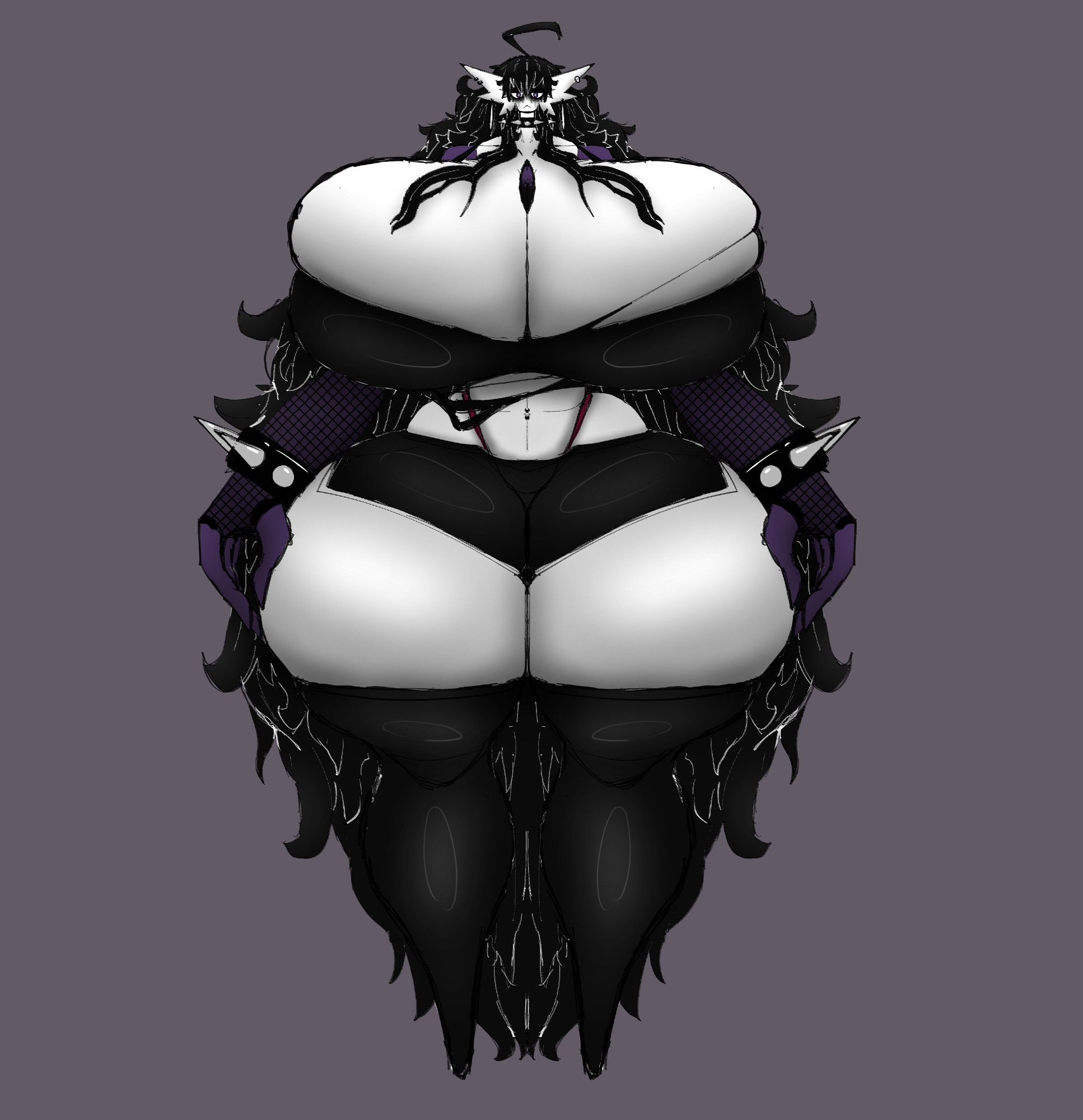 arm bracelets, armwear, black hair, black legwear, breasts, emo, female, gardevoir, goth, hair over back, hair over shoulder, hyper, hyper breasts, hyper thighs, leggings, mascara, nintendo, one cryptid, spiked bracelet, spiked bracelets, tagme