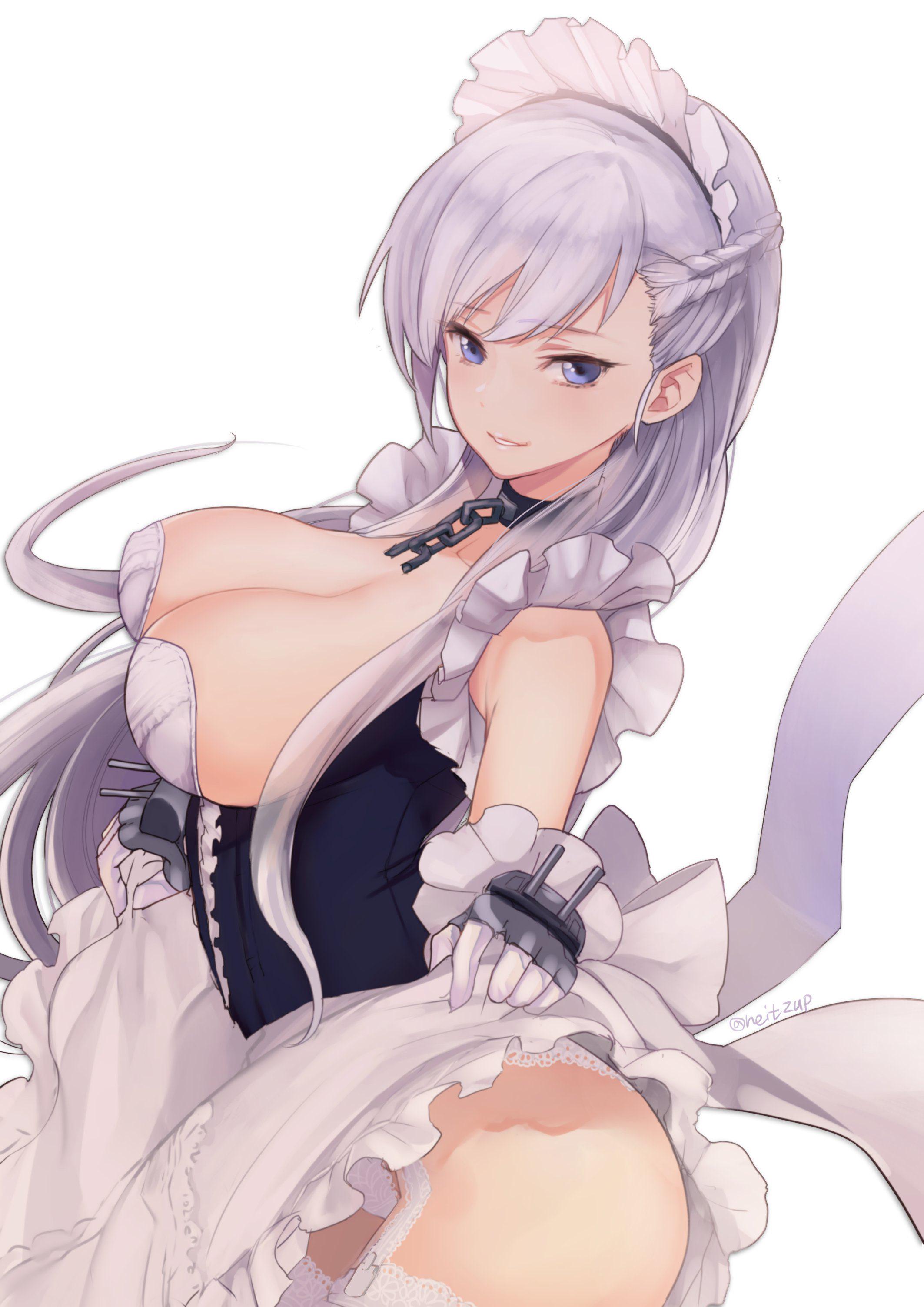 apron, artist request, azur lane, belfast (azur lane), blue eyes, blush, braid, breasts, cg, chains, cleavage, clothes lift, collar, collarbone, corset, cowboy shot, dress, dress lift, female, french braid, frilled apron, frilled gloves, frills, garter straps, gloves, grey hair, large breasts, lifted by self, long hair, looking at viewer, maid, maid apron, maid headdress, panties, parted lips, simple background, skirt lift, smile, solo, thighhighs, thighs, underwear, white apron, white background, white gloves, white hair, white panties, white thighhighs