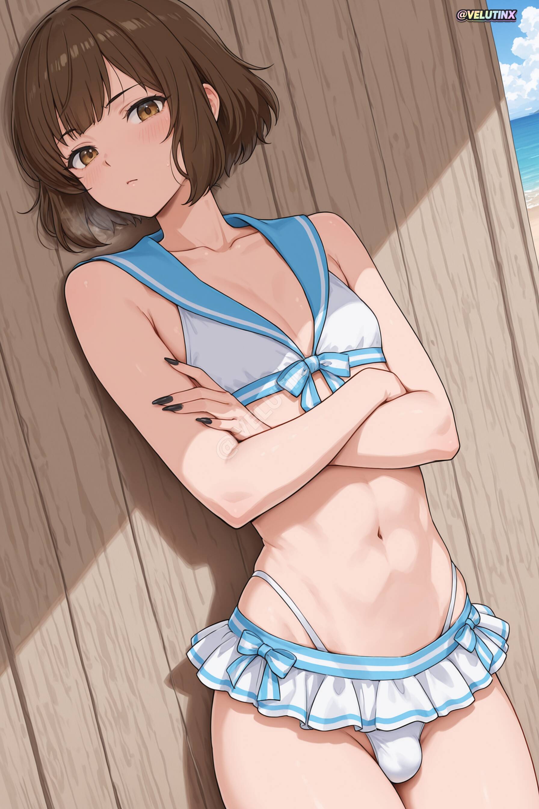 1femboy, against surface, against wall, ai generated, androgynous, ass, bangs, bare arms, bare shoulders, beach, big ass, big thighs, bikini, bikini skirt, black nails, blue sailor collar, blush, bob cut, bow, bow bikini, breath, brown eyes, brown hair, bubble butt, bulge, butt, closed mouth, collarbone, cowboy shot, crossdressing, crossed arms, curvaceous, curvaceous ass, curvaceous body, curvaceous figure, curvaceous hips, curvaceous thighs, curvy, curvy body, curvy figure, curvy hips, curvy male, curvy thighs, dutch angle, erection, erection under clothes, femboy, femboy focus, femboysub, feminine body, feminine faced male, feminine male, feminization, fingernails, flat chest, frills, heavy breathing, highleg, highleg bikini, hips, huge ass, huge hips, idolmaster, idolmaster dearly stars, long fingernails, looking at viewer, lying, male focus, mature, mature male, nail polish, nails painted, navel, official alternate costume, on back, otoko no ko, outdoors, paid reward available, pear shaped, pear-shaped figure, pectorals, penis bulge, plump thighs, ryou akizuki, sailor bikini, sailor collar, sharp fingernails, shiny hair, shiny skin, short hair, sidelocks, skindentation, skinny male, skirt, slim waist, solo, solo focus, stomach, sweat, sweating, sweaty, sweaty body, swimsuit, thick butt, thick hips, thick legs, thick thighs, thighs, tiny penis, trap, velutinx, visible breath, voluptuous, voluptuous body, voluptuous femboy, voluptuous male, watermark, wet, wet body, wet skin, white bikini, wide ass, wide hips, wide thighs