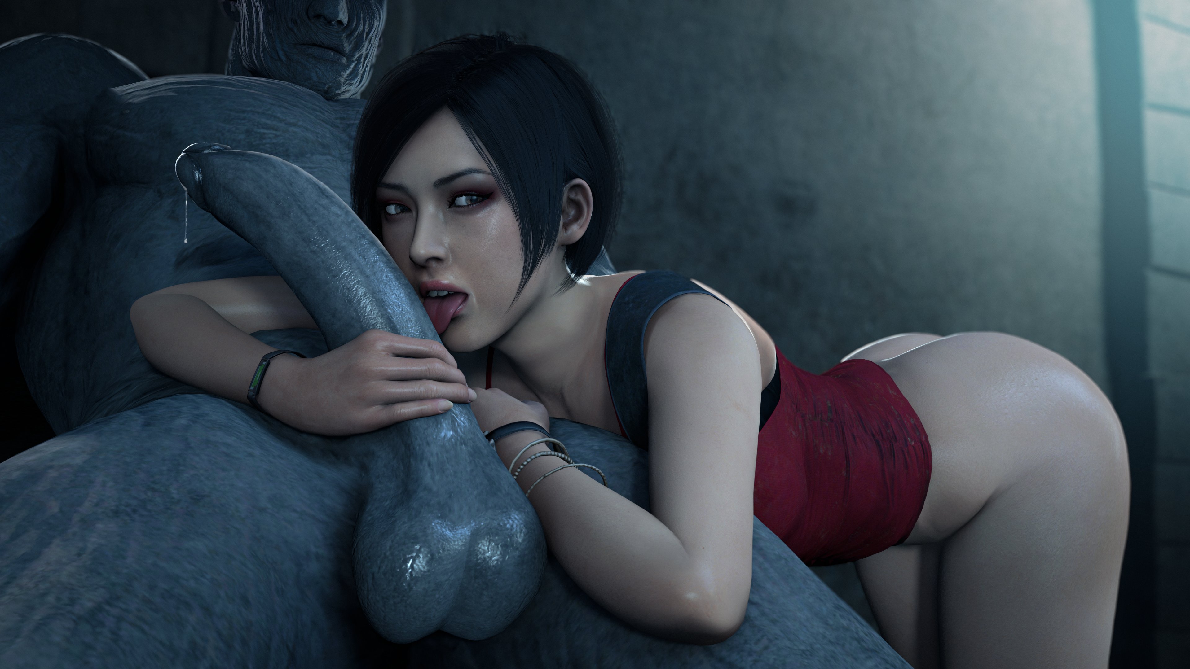 1boy, 1boy1girl, 1girls, 3d, 3d (artwork), ada wong, asian female, bare ass, bottomless female, love, monster, monster cock, monster on female, mr x, resident evil, resident evil 2, resident evil 2 remake, size difference, stroking penis, tounge on cock, tyrant, winterssfm