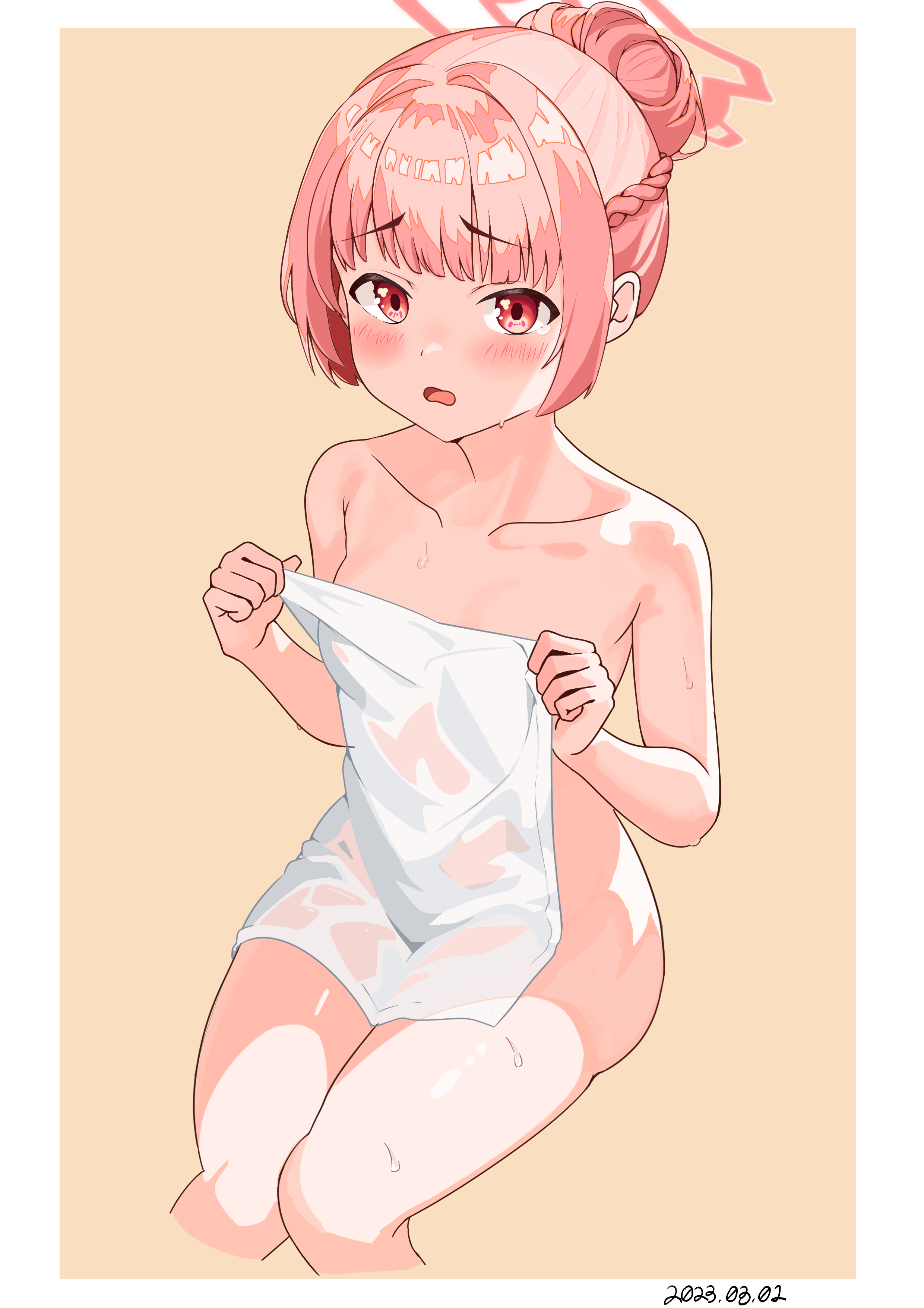 blue archive, blush, breasts, covering, covering breasts, female, halo, nodoka (blue archive), nodoka (hot spring) (blue archive), red eyes, red winter federal academy student, video game character