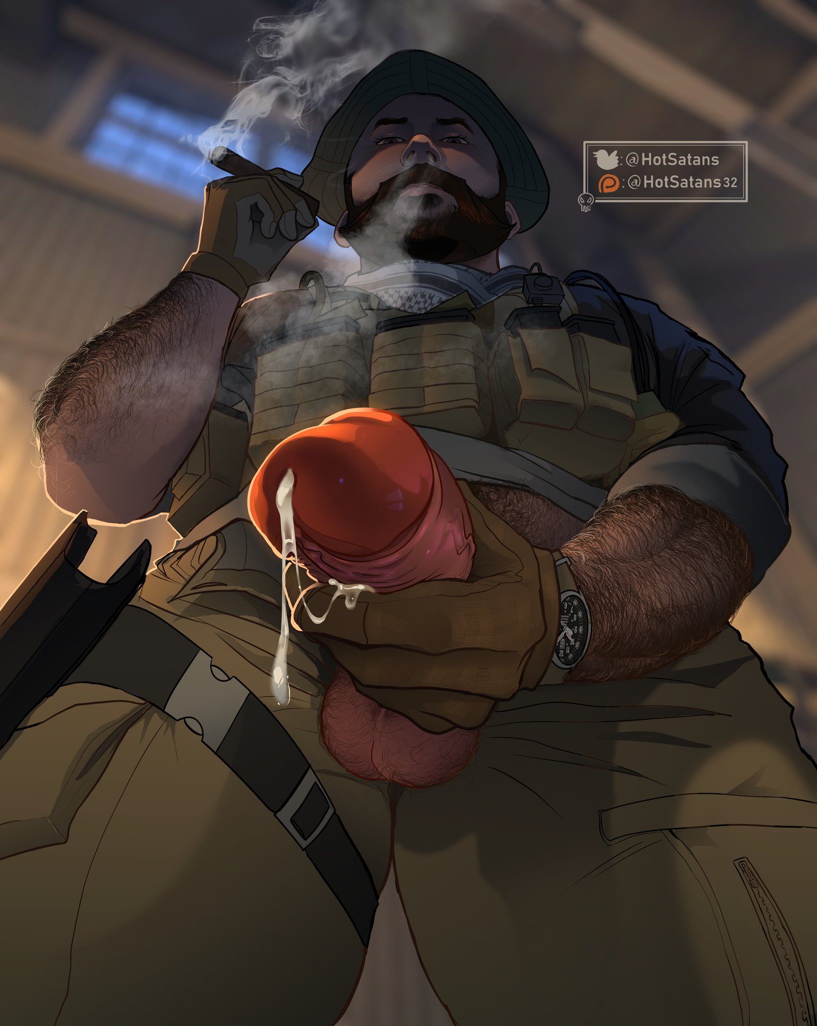 1boy, bara, beard, blowjob, call of duty, call of duty modern warfare 2 (2022), captain price, cigar, cum, daddy, dilf, hairy, hairy arms, hairy male, hotsatans, john price, leaking cum, male, male only, penis, penis out, pov, solo, submissive pov