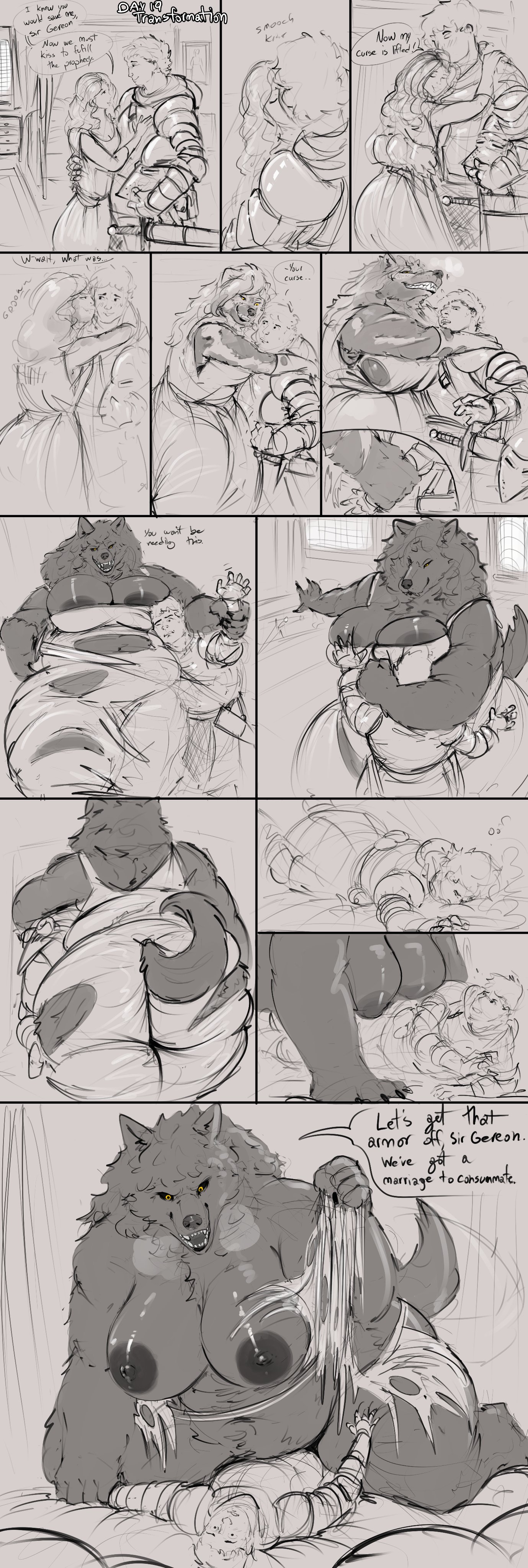 1boy, 1girls, anthro, big breasts, breasts, canid, canine, canis, doctordj, dominant female, female, huge breasts, imminent sex, knight, larger female, male, size difference, taller female, thick thighs, transformation, werewolf, wolf