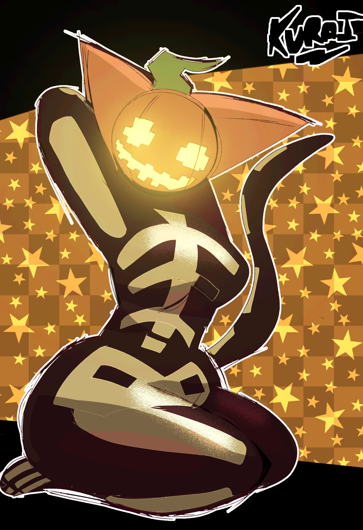 cat ears, female, fortnite, fortnite: battle royale, fortnitemares, halloween, hands behind head, kuraiz, looking at viewer, on knees, pinup, pinup pose, pumpkin, pumpkin head, sitting, spice (fortnite), tail, thick thighs