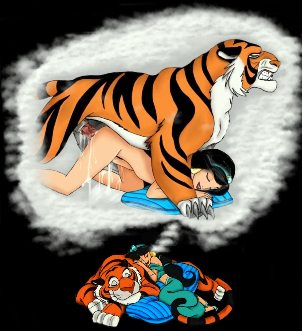 aladdin, bestiality, black hair, closed eyes, cum, cum drip, cum inside, cum pool, disney, disney princess, doggy style, dreaming, erect penis, female, long hair, male, penis, pillow, princess jasmine, prone bone, rajah, royalty, sleeping, tiger, zoophilia