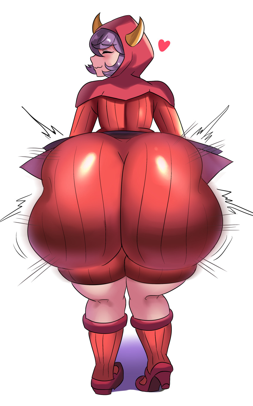 :3, 1girl, 1girls, absurdres, ass, ass focus, ass slap, big ass, blush, bodysuit, boots, bottom heavy, bouncing ass, cameltoe, clapping, clapping cheeks, closed eyes, clothed, clothed female, courtney (pokemon), eye contact, fake horns, fat ass, female, heart, highres, hood, horns, huge ass, human, large ass, looking at viewer, looking back, massive ass, motion lines, nintendo, pokemon, pokemon oras, purple eyes, purple hair, pussy, round ass, short hair, smile, solo, spanking, standing, tagme, team magma, thick thighs, thighs, tight clothing, twerking, white background, wide hips, ytrall