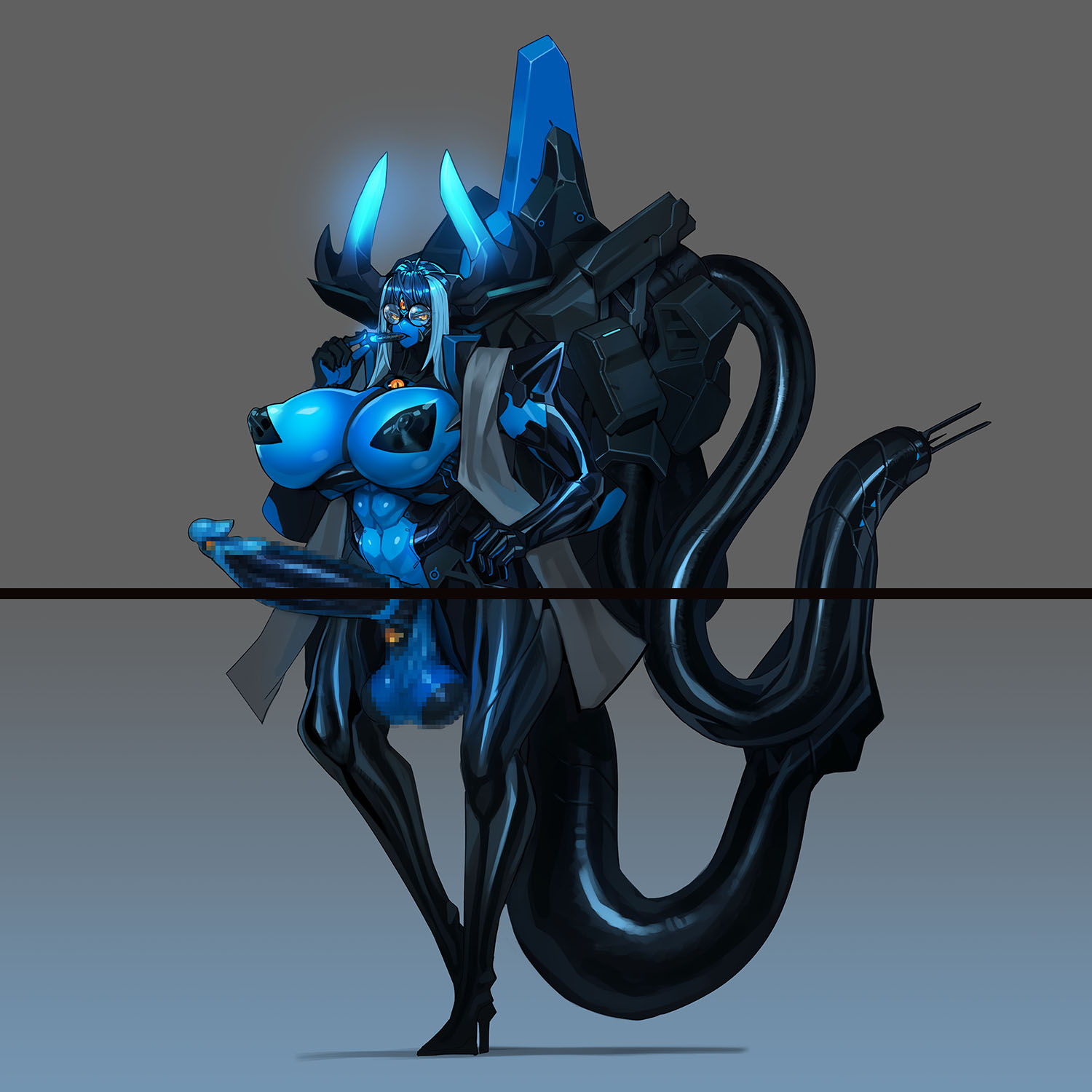 1futa, ass, balls, blue skin, breasts, censored, cock ring, cybernetics, cyborg, erection, futa only, futanari, heeled feet, horns, huge ass, huge balls, huge breasts, huge cock, humanoid, humanoid penis, intersex, long hair, machina (omega processor), mecha, mecha musume, mosaic censoring, nude, penis, platinum1945, solo, standing, thick thighs, wide hips