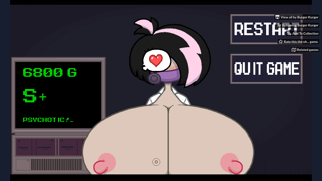 amoeblaster areolae black_hair blush breast_expansion breasts_bigger_than_head darla_dumas(burger_kurger) hair_over_one_eye heart-shaped_pupils horny? hyper_breasts labcoat masked_female pink_striped_hair screencap screenshot staring_at_viewer video_game video_game_character