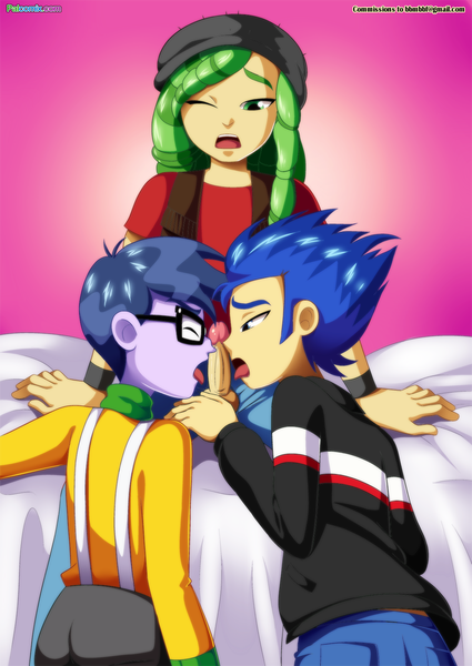 3boys bbmbbf blowjob blue_hair closed_eyes double_blowjob equestria_girls flash_sentry gay glasses green_hair licking_penis long_hair looking_down looking_pleasured male_only microchips_(eg) my_little_pony one_eye_closed partially_clothed polyamory purple_skin sandalwood threesome tongue_out yaoi yellow_skin