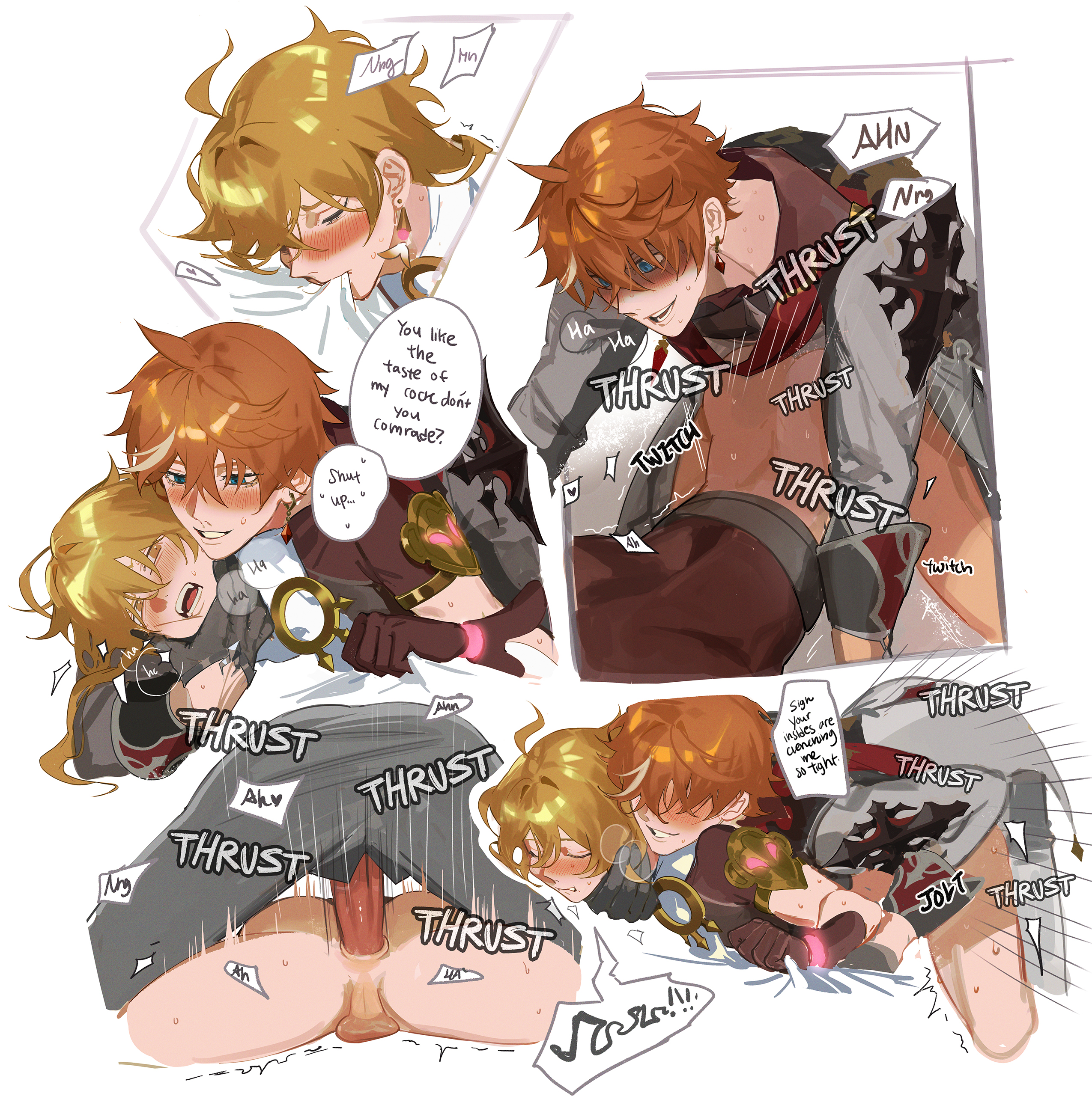 2boys, aether (genshin impact), anal, anal sex, blonde hair, blue eyes, childe (genshin impact), clothed sex, gay, gay sex, genshin impact, hardcore, male, male only, orange hair, sex from behind, size difference, tartaglia (genshin impact), yaoi