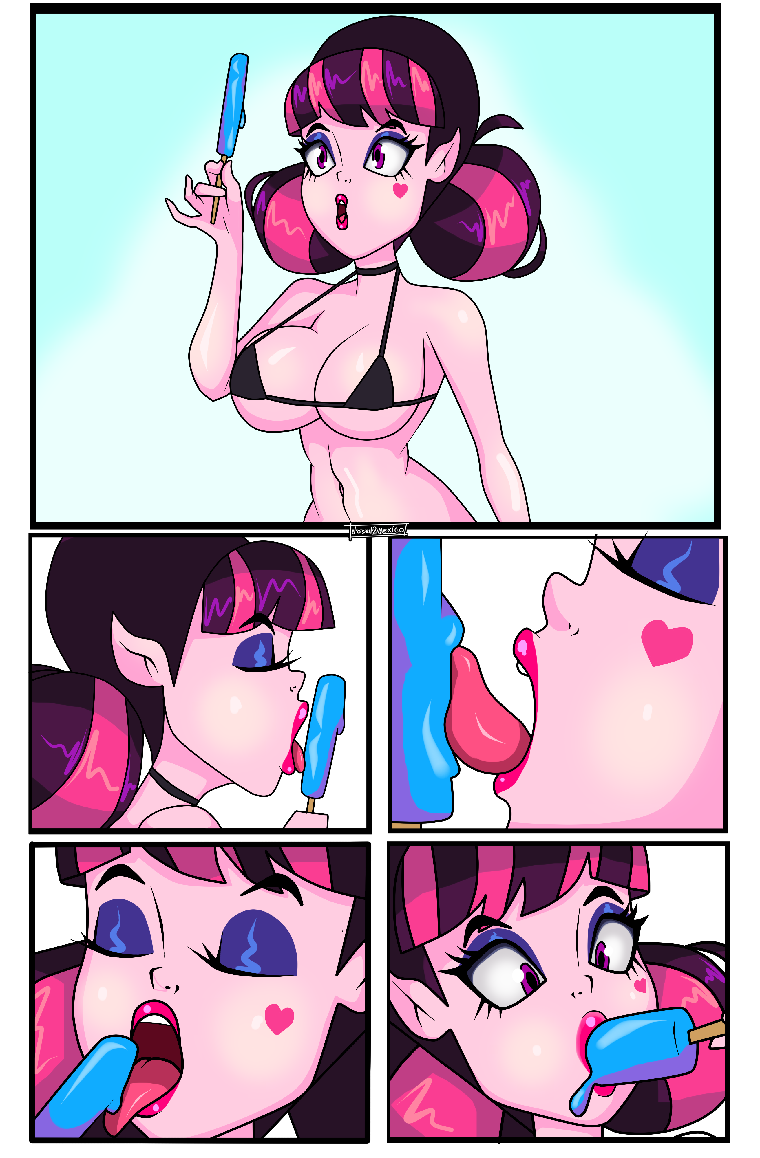 alternate costume, alternate hairstyle, bikini, bikini top, candy, closed eyes, comic, comic page, draculaura, female, female only, goth, goth girl, gothic, gothic lolita, highres, ice cream, jose12mexico, licking, monster girl, monster high, multiple panels, multiple views, popsicle, simulated fellatio, tongue, tongue out, vampire, vampire girl