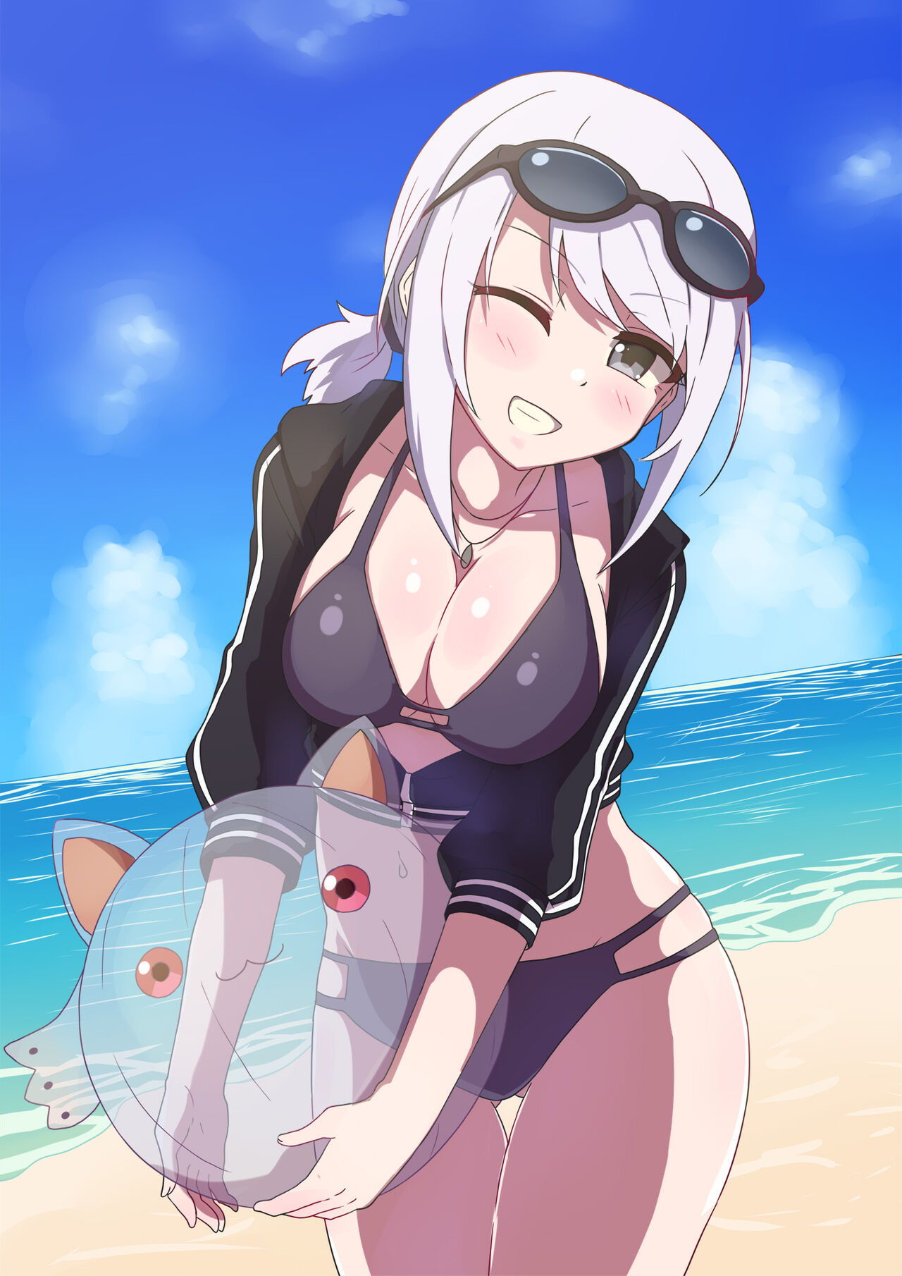 1girls ball beach beach_ball bikini bikini_top blue_sky curvaceous curvy curvy_body curvy_female curvy_figure female female_focus female_only glasses happy human human_only izumi_kanagi ka-9 kanagi_izumi kyuubee magia_record:_mahou_shoujo_madoka_magica_gaiden mahou_shoujo_madoka_magica puella_magi_madoka_magica sand sea seaside short_hair smile solo solo_focus swimsuit white_hair young