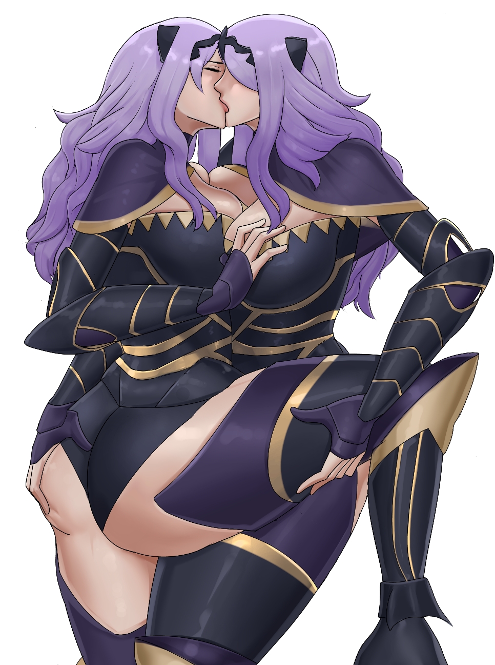 2girls ass ass_grab asymmetrical_docking bare_thighs bby_dvk black_panties boots breast_grab breast_press breasts camilla_(fire_emblem) cleavage closed_eyes curvy dual_persona female female_only fire_emblem fire_emblem_fates groping hair_over_one_eye horns inner_thighs kissing large_ass large_breasts leg_grab leg_up long_hair multiple_girls multiple_persona nintendo panties purple_hair selfcest thick_thighs thigh_boots thighs underwear voluptuous yuri