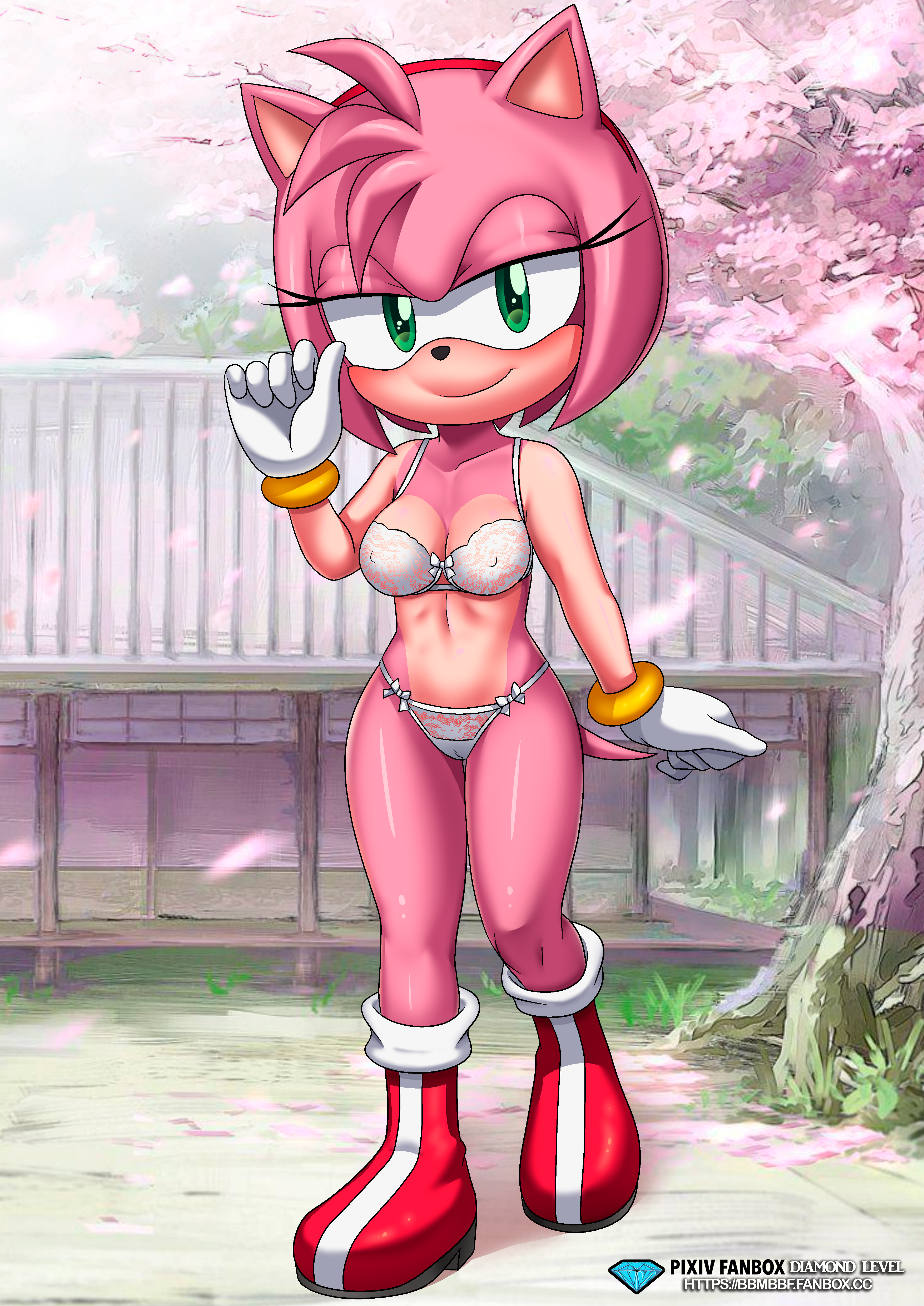 1girls, amy rose, anthro, bbmbbf, boots, breasts, cleavage, diamond level, female, female only, gloves, green eyes, hairband, half-closed eyes, light skin, lingerie, looking at viewer, mobian (species), mobius unleashed, nipple bulge, outside, palcomix, pietros secret club, pink fur, pink hair, red boots, red hairband, sega, smile, solo, sonic (series), sonic the hedgehog (series), thick, thick hips, thick thighs, thighs, underwear, white gloves, wide hips