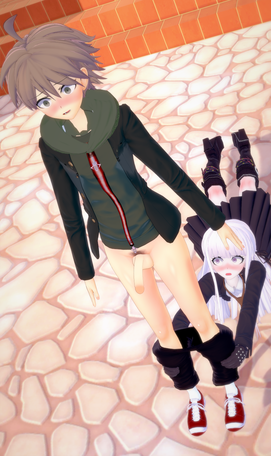 1boy 1girls 3d accidental_circumstance ahoge assisted_exposure balls bangs blush boots brown_hair clothing danganronpa danganronpa:_trigger_happy_havoc danganronpa_1 embarrassed embarrassed_nude_male enm exposed_penis eyelashes female frilled_skirt gloves high_heel_boots hoodie humiliation jacket kirigiri_kyouko koikatsu lavender_hair long_hair male naegi_makoto nude open_mouth outdoors pale_skin pants_down pantsing penis purple_eyes skirt standing straight_hair surprised testicles trip_and_strip tripping ultimateenf wide-eyed