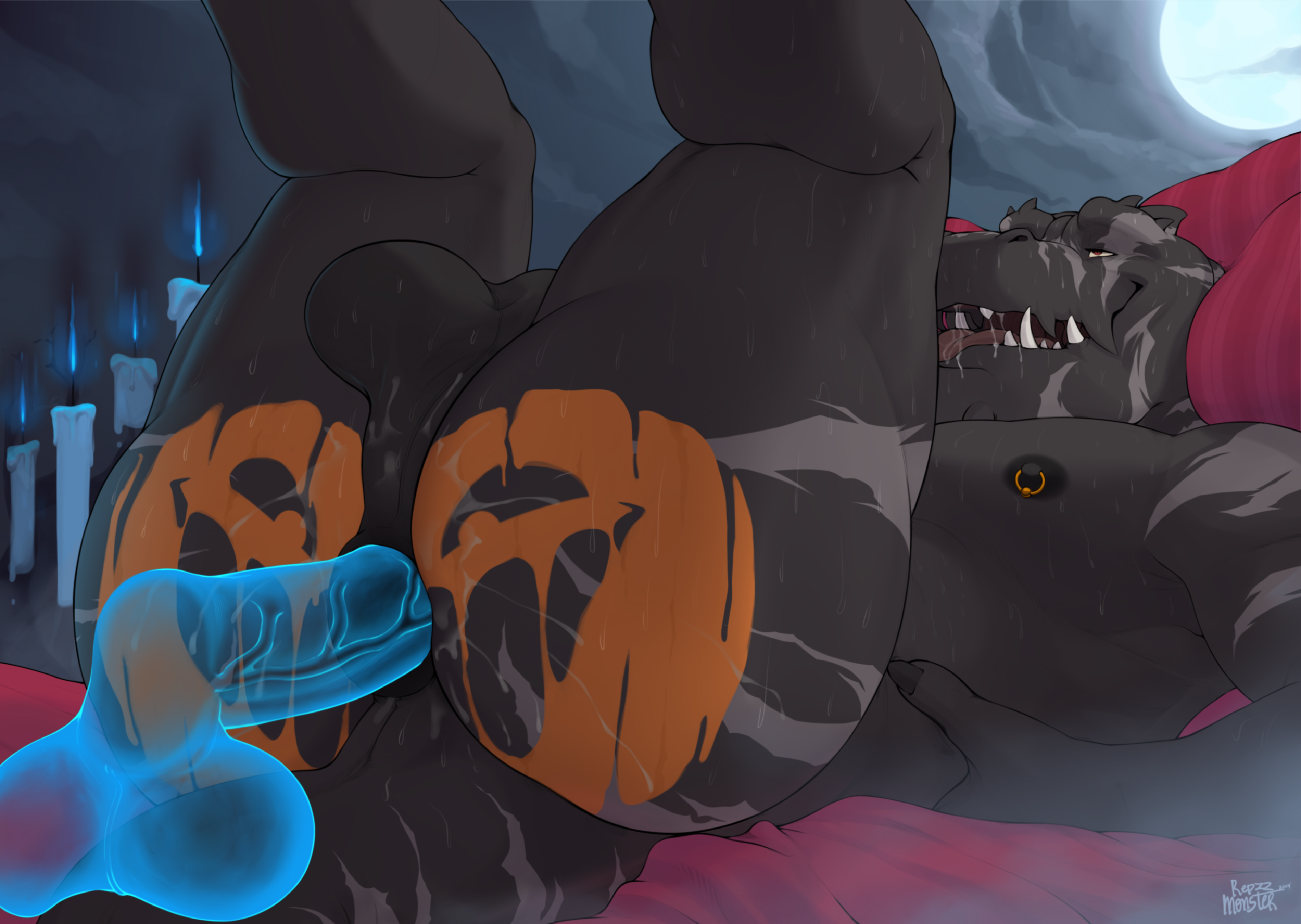 1boy, absurd res, anal sex, anthro, anthro penetrated, anus, ass, ass focus, balls, big ass, big butt, black body, black skin, bodily fluids, bodypaint, bubble ass, bubble butt, bulge, bussy, butt focus, candle, claws, cloud, cyrus (repzzmonster), dinosaur, fangs, fire, gay, halloween, hand on hip, hi res, holidays, legs up, looking pleasured, lying, male, male only, male penetrating, male penetrating male, mature male, moon, muscular, muscular male, night, nipple piercing, nipples, on back, open mouth, outside, penetration, piercing, presenting, presenting ass, presenting butt, presenting hindquarters, pumpkin butt, red eyes, reptile, repzzmonster, scalie, seductive, signature, smile, solo, sweat, tight clothing, tongue, tongue out