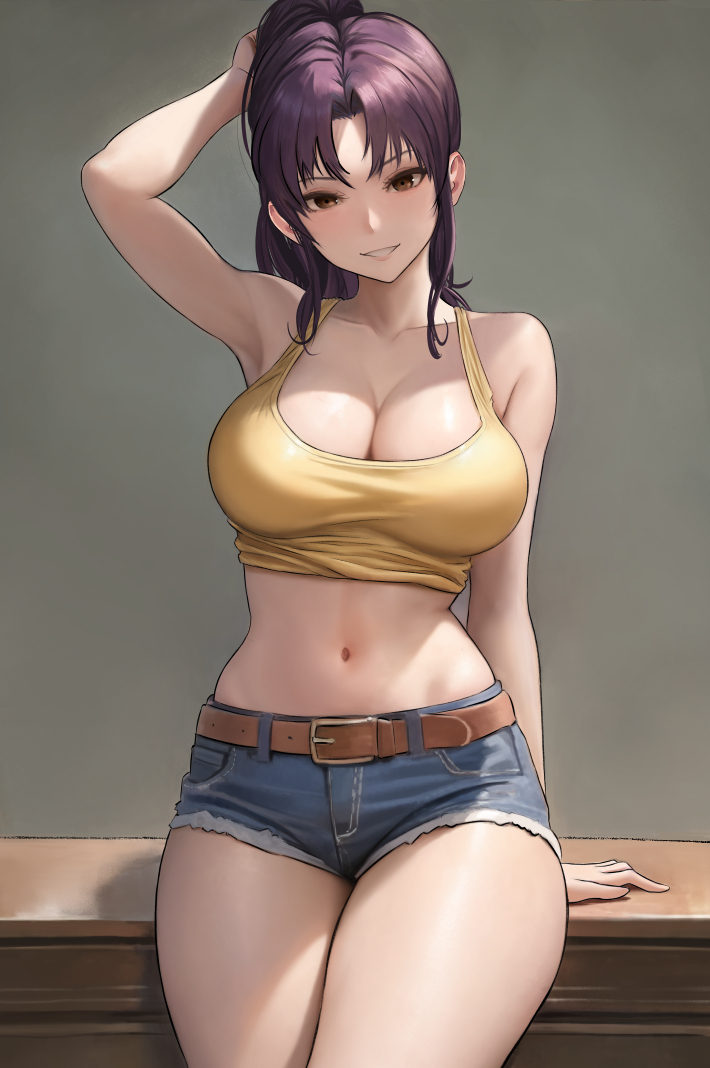 1girls, arm up, armpit, armpits, bare shoulders, belly, belly button, big breasts, breasts, brown hair, busty, casual, casual clothes, child bearing hips, curvaceous, curves, curvy, curvy body, curvy female, curvy figure, curvy hips, female, female only, fully clothed, gyunzai, hips, hourglass figure, huge breasts, jeans, large breasts, mature female, milf, misato katsuragi, neon genesis evangelion, older female, ponytail, purple hair, revealing clothes, short jeans, short shorts, shorts, skimpy clothes, smile, smiling, solo, thick, thick thighs, thin, thin waist, tummy, wide hips