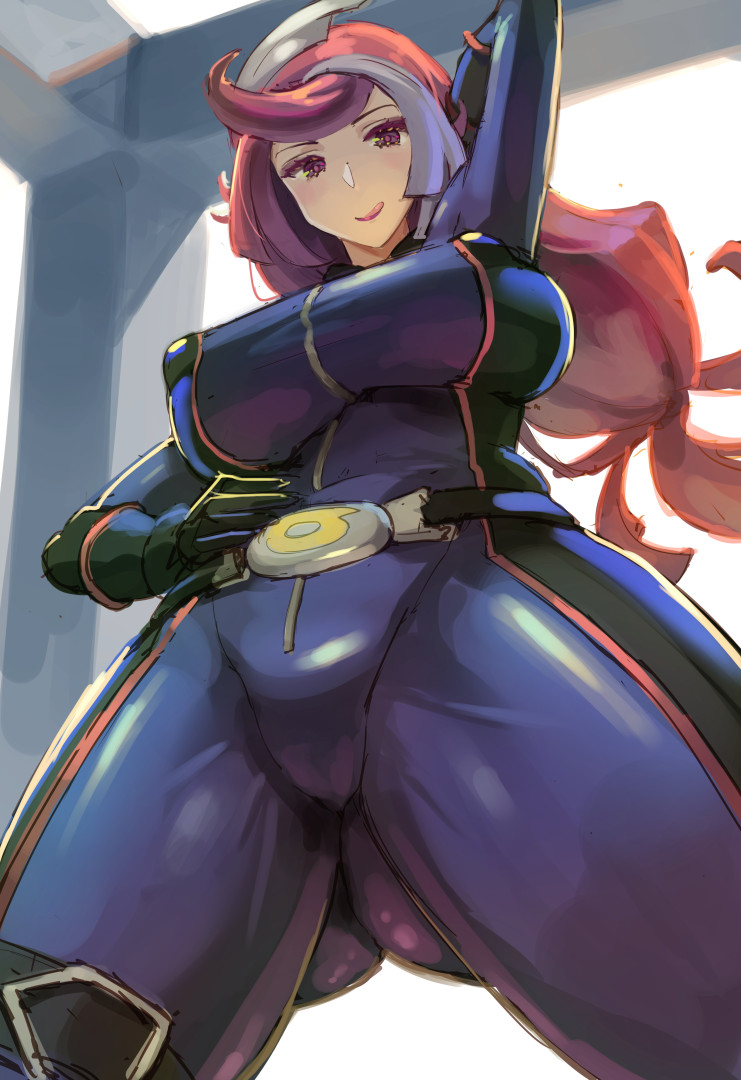 1girls ass ass_visible_through_thighs belt bodysuit breasts emma_bessho female female_only gloves kazo long_hair looking_at_viewer looking_down purple_eyes purple_hair skin_tight smile solo thighs tight_clothing two_tone_hair voluptuous white_hair yu-gi-oh! yu-gi-oh!_vrains