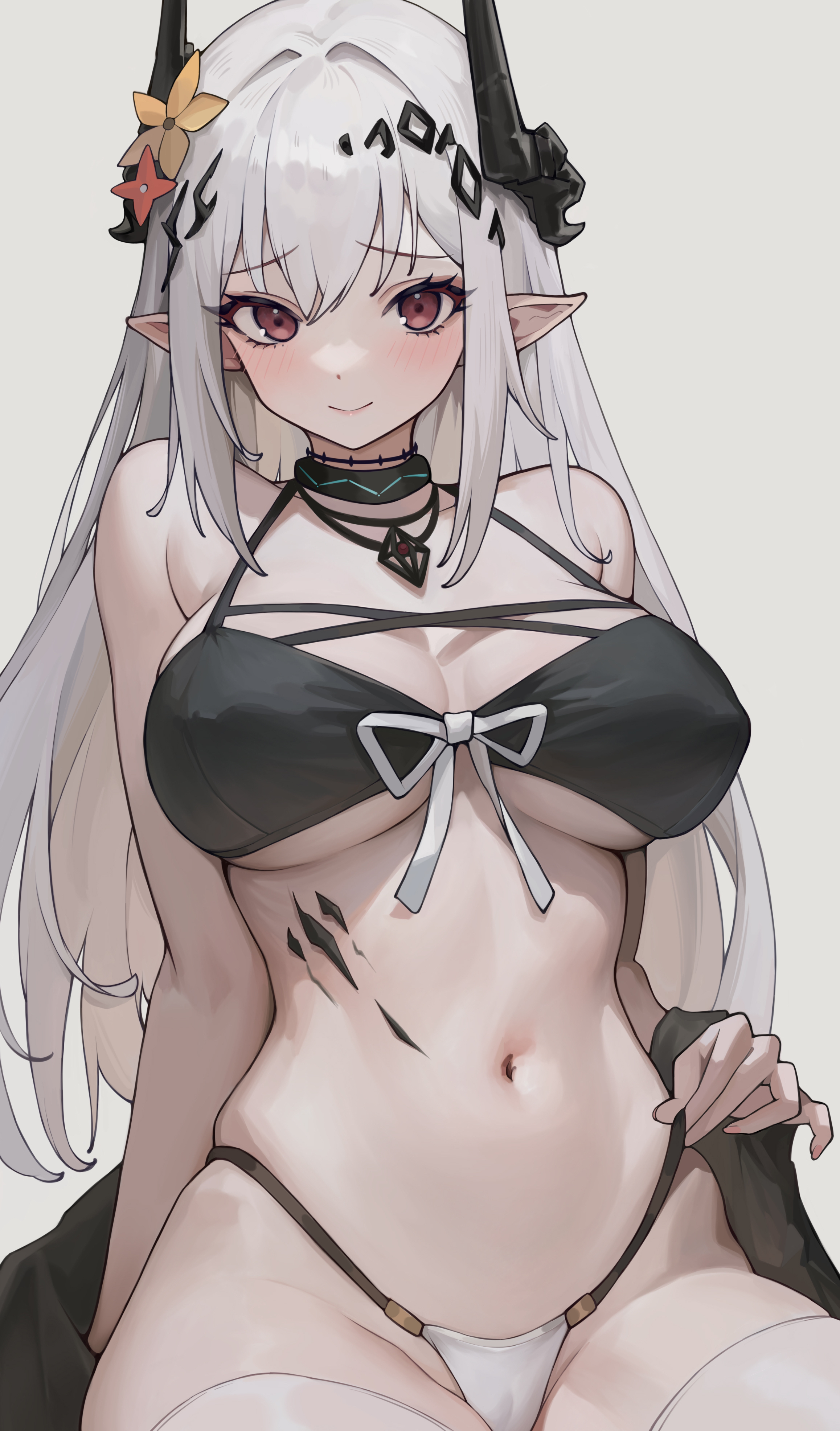 :), 1girls, arknights, bare shoulders, belly, big breasts, bikini, black bra, blush, bra, breasts, cameltoe, chest, cleavage, erect nipples under clothes, eyelashes, female, female only, flower in hair, hairclip, hand on panties, highres, horns, infection monitor (arknights), juejue, large breasts, legwear, light skin, light-skinned female, long hair, looking at viewer, midriff, mudrock (arknights), mudrock (obsidian) (arknights), navel, necklace, nipples visible through clothing, oripathy lesion (arknights), panties, pointy ears, pussy, red eyes, seductive, shy, sitting, smile, solo, stomach, swimsuit, very long hair, waist, white background, white hair, white panties