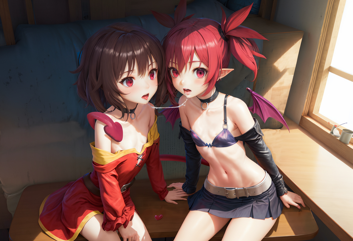 2girls, ai generated, choker, disgaea, dress, drool string, etna, female, female only, indoors, innocent, kono subarashii sekai ni shukufuku wo!, megumin, microdress, microskirt, midriff, navel, pointy ears, red eyes, red hair, rockhardart, saliva, skirt, stable diffusion, surprised, wings, yuri