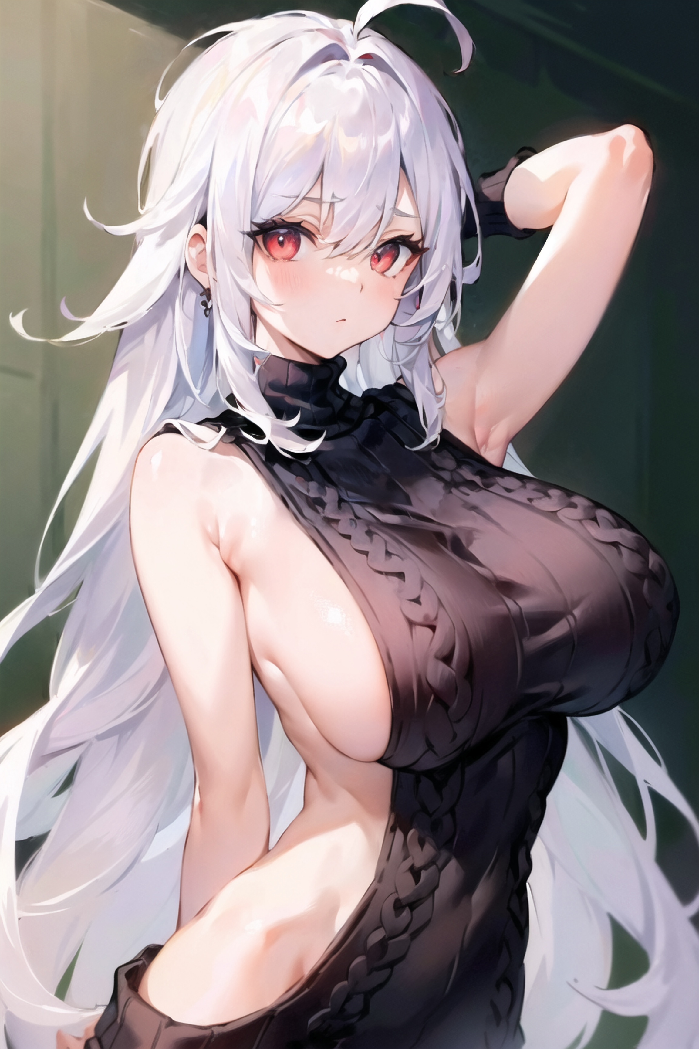 1girls, absurd res, ai generated, armpits, big breasts, blush, breasts, curvaceous, curvy body, curvy female, curvy figure, female, gloves, hi res, high resolution, huge breasts, large breasts, light skin, light-skinned female, pale skin, pale-skinned female, red eyes, seductive look, sideboob, stable diffusion, sweater, very long hair, virgin killer sweater, white hair