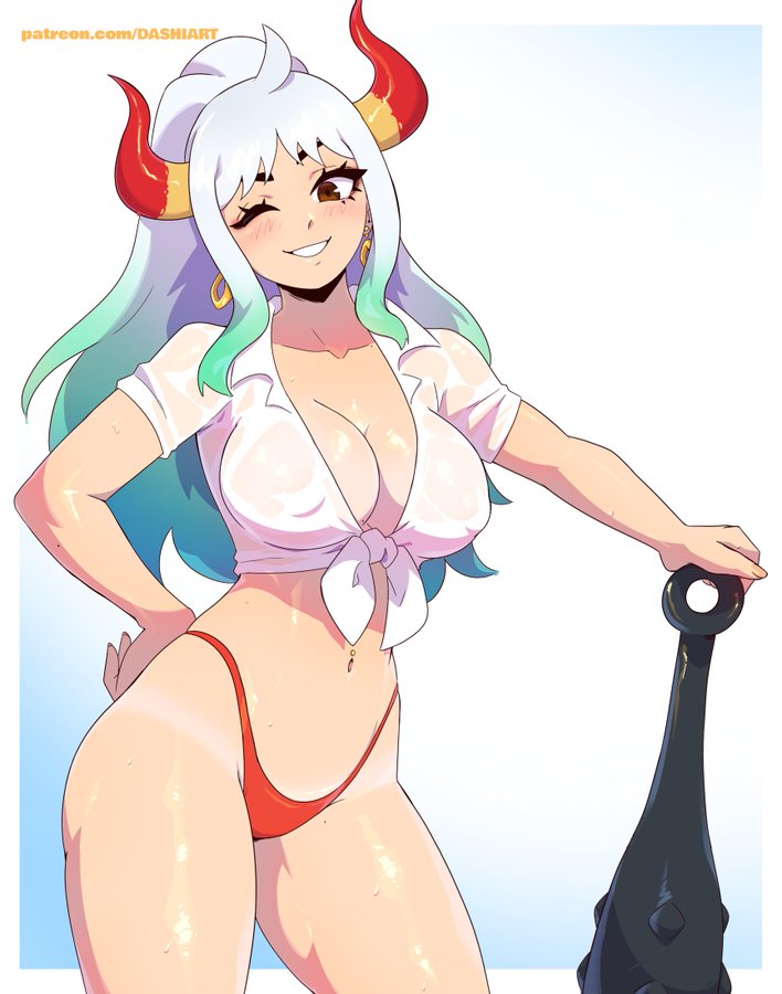 1girls _d_a_s_h_i_ absurdres big_breasts bikini bikini_bottom_only blue_hair breasts brown_eyes cleavage clothed clothing covered_nipples curvy ear_piercing earrings female female_focus female_only gradient_hair grin hi_res highleg highleg_swimsuit highres hoop_earrings horned_humanoid horns humanoid kanabou large_breasts light-skinned_female light_skin long_hair looking_at_viewer multicolored_hair multicolored_horns one_eye_closed one_piece oni oni_horns ponytail red_horns revealing_clothes shirt sidelocks simple_background smile solo standing swimsuit tied_shirt two_tone_hair underwear wet white_hair white_shirt wide_hips yamato_(one_piece) yellow_horns youkai