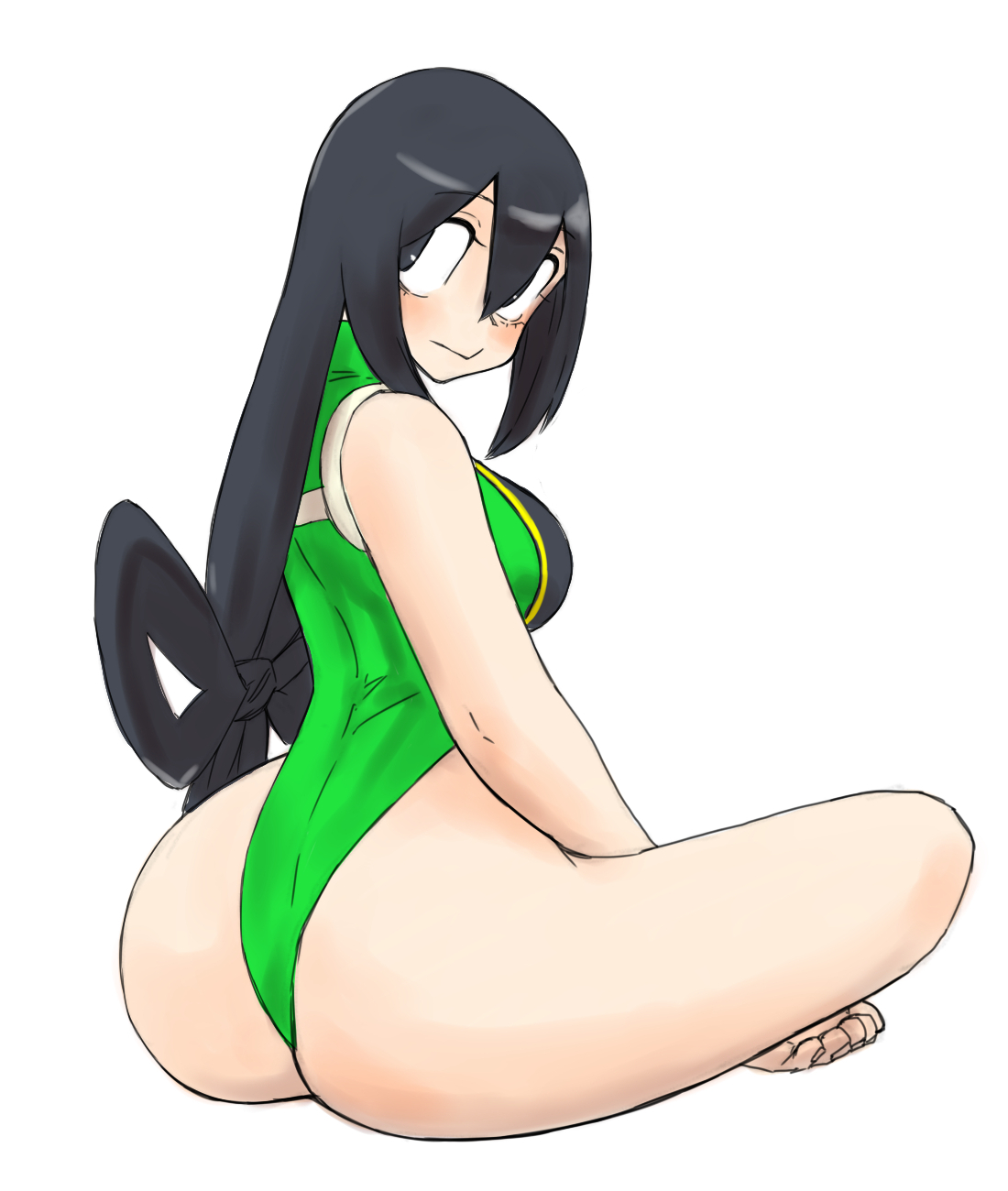 1girls, 2022, alternate version at source, alternate version available, ass, back, back view, bare arms, bare legs, barefoot, big ass, big butt, black eyes, black hair, blush, blushing, breasts, clothed, clothed female, clothes, clothing, color, colored, crossed legs, eyelashes, feet, female, female focus, female only, hair, hero outfit (mha), hips, humanoid, large ass, legs crossed, light skin, light-skinned female, long hair, looking back, medium breasts, my hero academia, plain background, rear view, sideboob, simple background, sitting, skin tight, solo, solo female, solo focus, straight hair, swimsuit, swimwear, thighs, tight clothing, toes, toshinoshin00, tsuyu asui, white background, wide hips