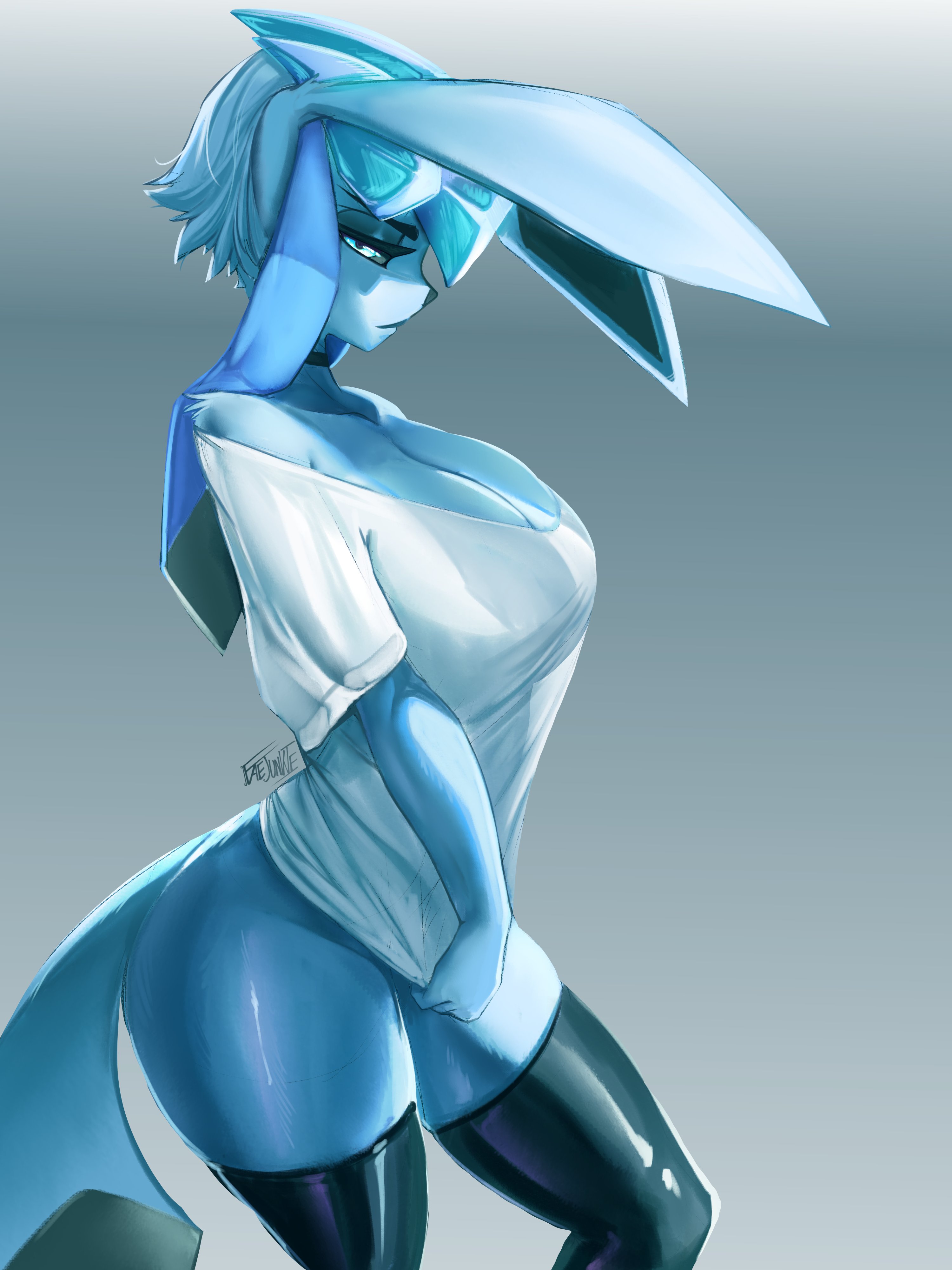 1girls, absurd res, aqua hair, bare shoulders, big breasts, black sclera, black thighhighs, blue eyes, breasts, eeveelution, faejunkie, female, female only, generation 4 pokemon, glaceon, looking at viewer, narrowed eyes, nintendo, pokémon (species), pokemon, pokemon (species), pokemorph, short hair, side view, solo, t-shirt, thick thighs, thigh squish, thighhighs, unamused