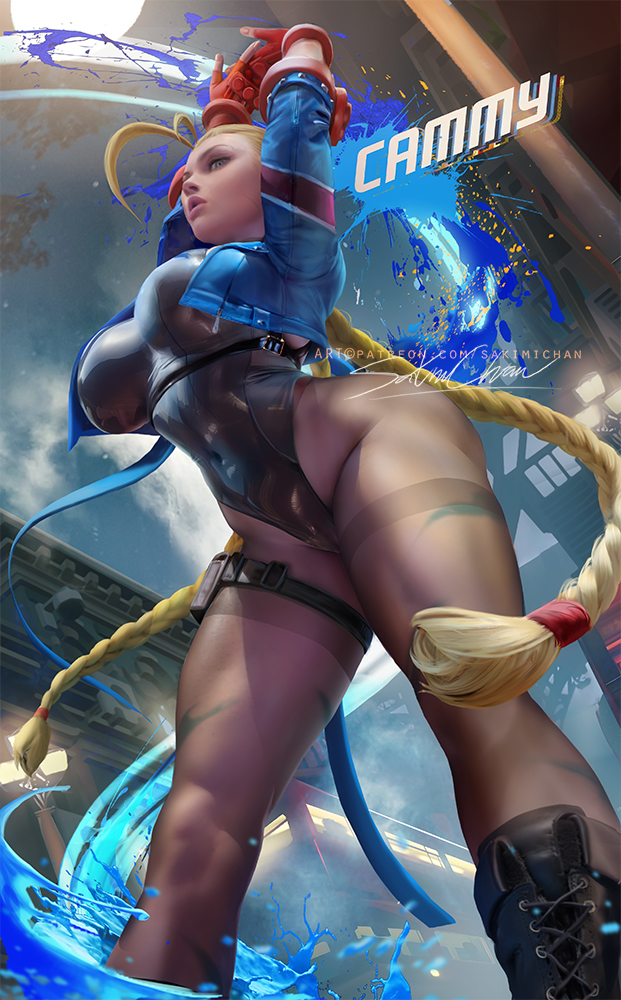 ass, big ass, big breasts, blonde hair, boots, breasts, cammy stretch, cammy white, capcom, curvaceous, female, hands above head, hartman hips, hips, hourglass figure, jacket, large breasts, leaning forward, leotard, long hair, sakimichan, solo, street fighter, street fighter 6, stretching, text, thick, thick thighs, thighs, thunder thighs, thunderthighs, twin braids, wide hips